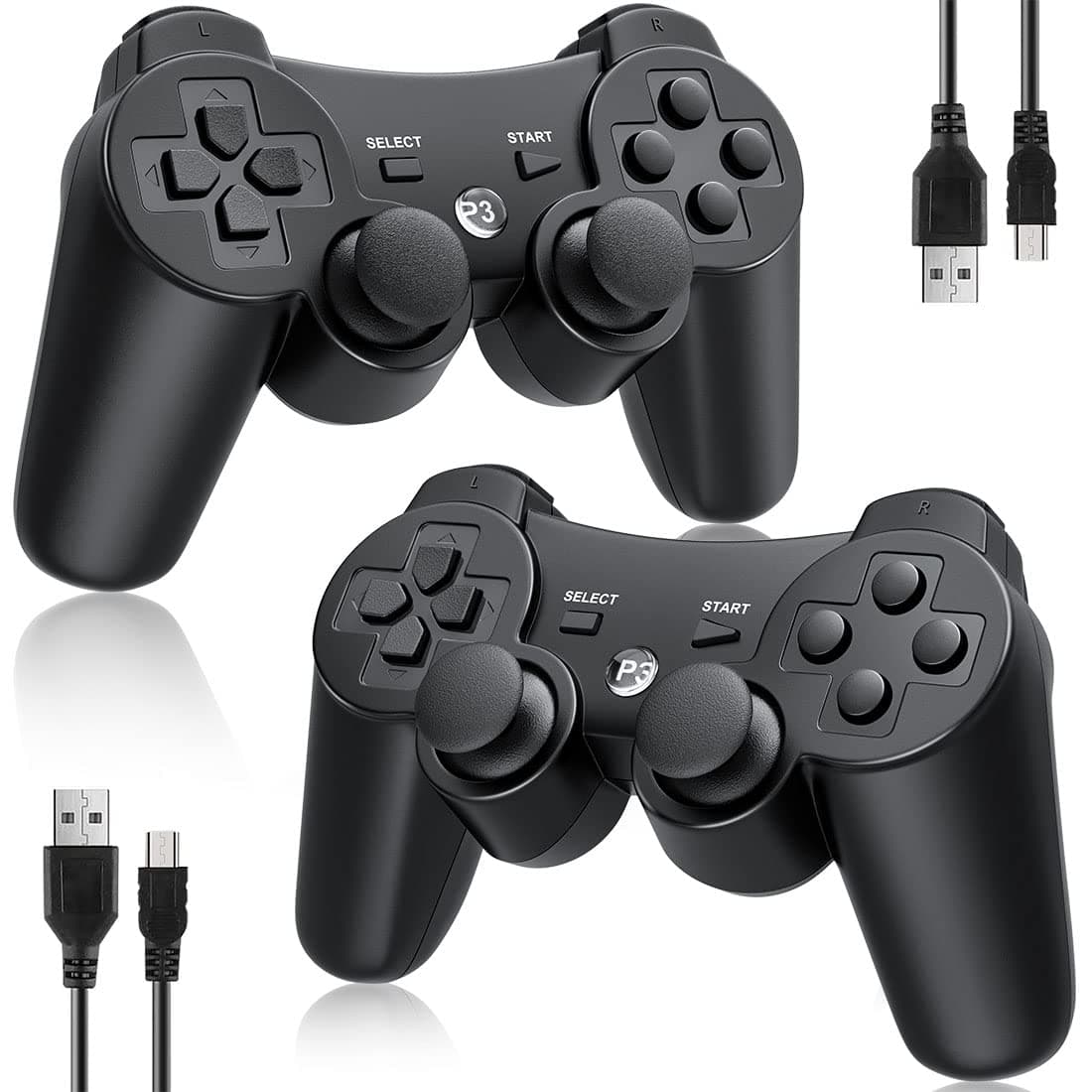 OKHAHA Controller 2 Pack for PS3 Wireless Controller for Sony Playstation 3, Double Shock 3, Bluetooth, Rechargeable, Motion Sensor, 360° Analog Joysticks, Remote for PS3, 2 USB Charging Cords, Black