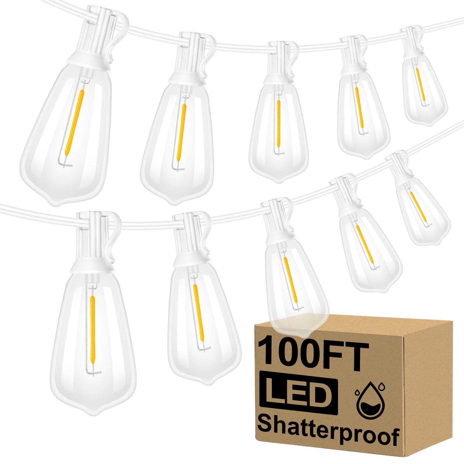 Brightever 30M LED Outdoor String Lights with 52pcs ST38 Shatterproof Edison Filament Bulbs 2700K Dimmable Waterproof for Porch Garden Patio