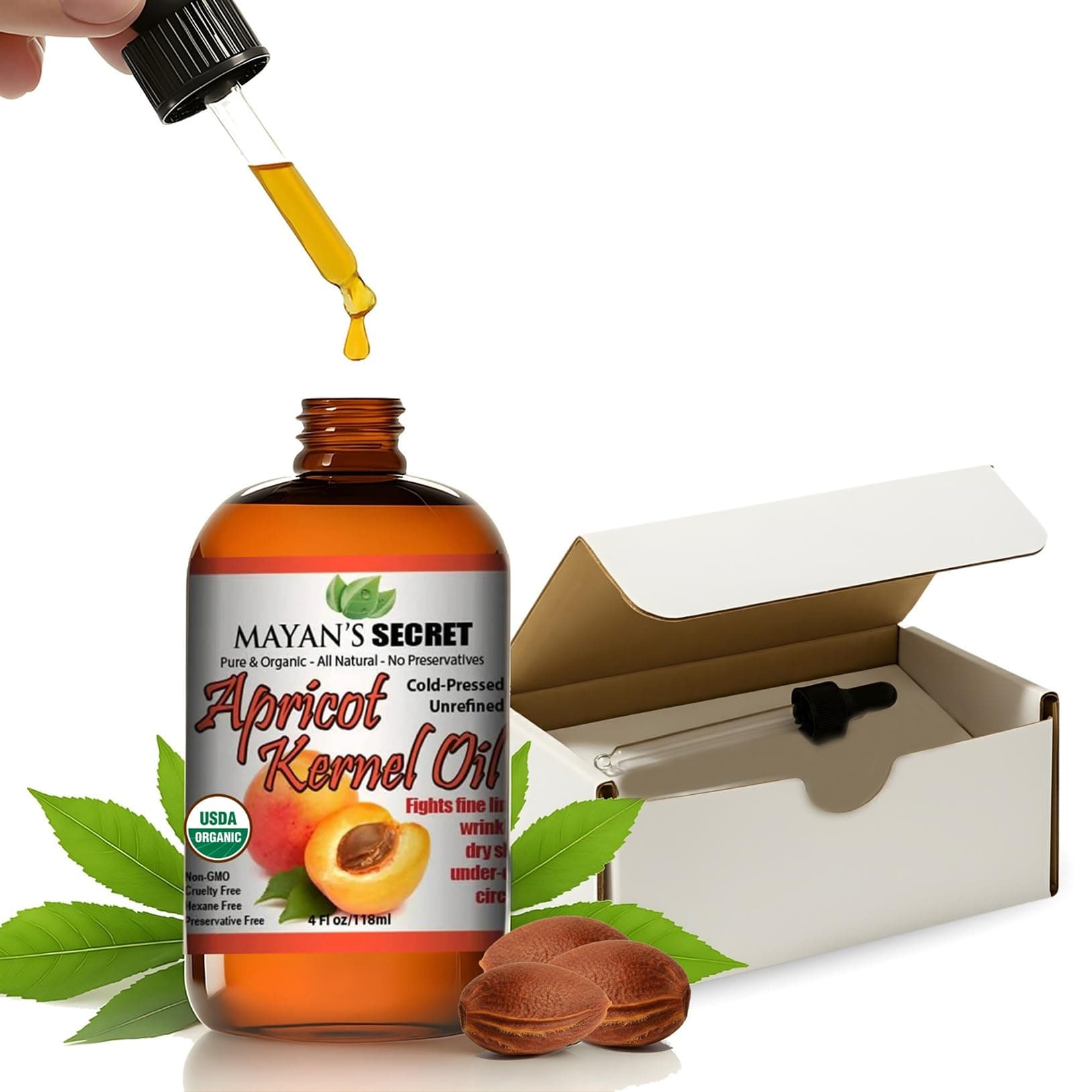 Mayan's Secret USDA Certified Organic Apricot Kernel Oil - Cold Pressed, Unrefined, Presented in Amber Glass Bottle with Glass Eyedropper for Convenient Application - 4 oz | Moisturizing