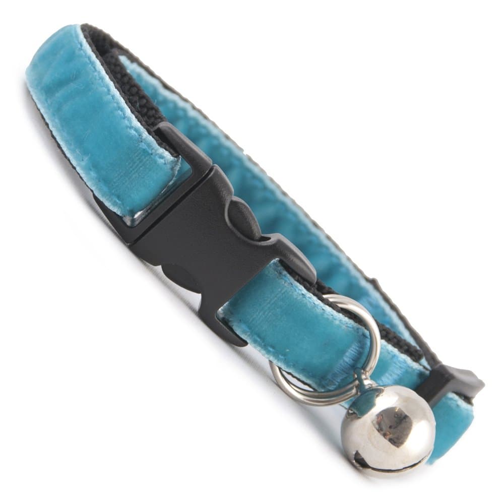 Spearmint Blue Velvet Beautiful hand made cat safety collars with bell available in a range colours made in the UK from velvet ribon and strong webbing, purrfect for your kitty