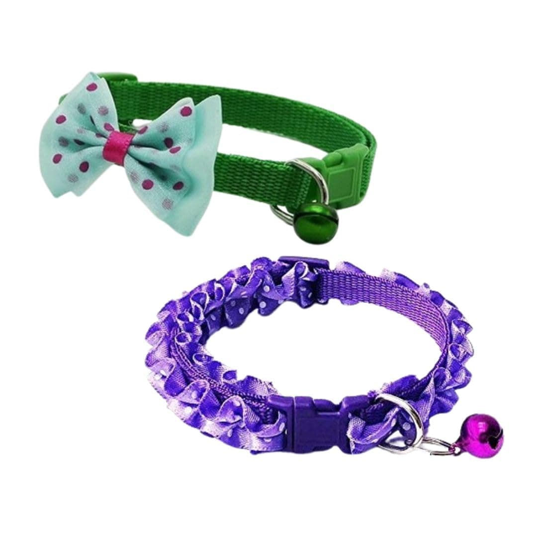 YellowCult 2 Piece Pet Collars for Cats, Puppies, Small Dogs, Fat Rabbits with Adjustable Size, Bell & Buckle Safety Lock-[Bow & Frill]-[Green & Purple]