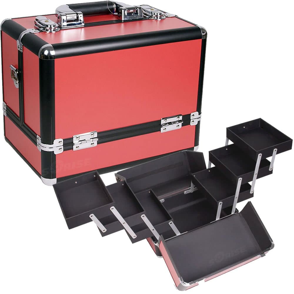 Professional Makeup Artist Make Up Cosmetic Studio Case Organizer With 6 Extendable Trays, Brush Holder, Key Lock, Carrier Handle & Travel Shoulder Strap. Spacious Design To Fit and all Cosmetics & Beauty Accessories - Red & Black Aluminum Trimming