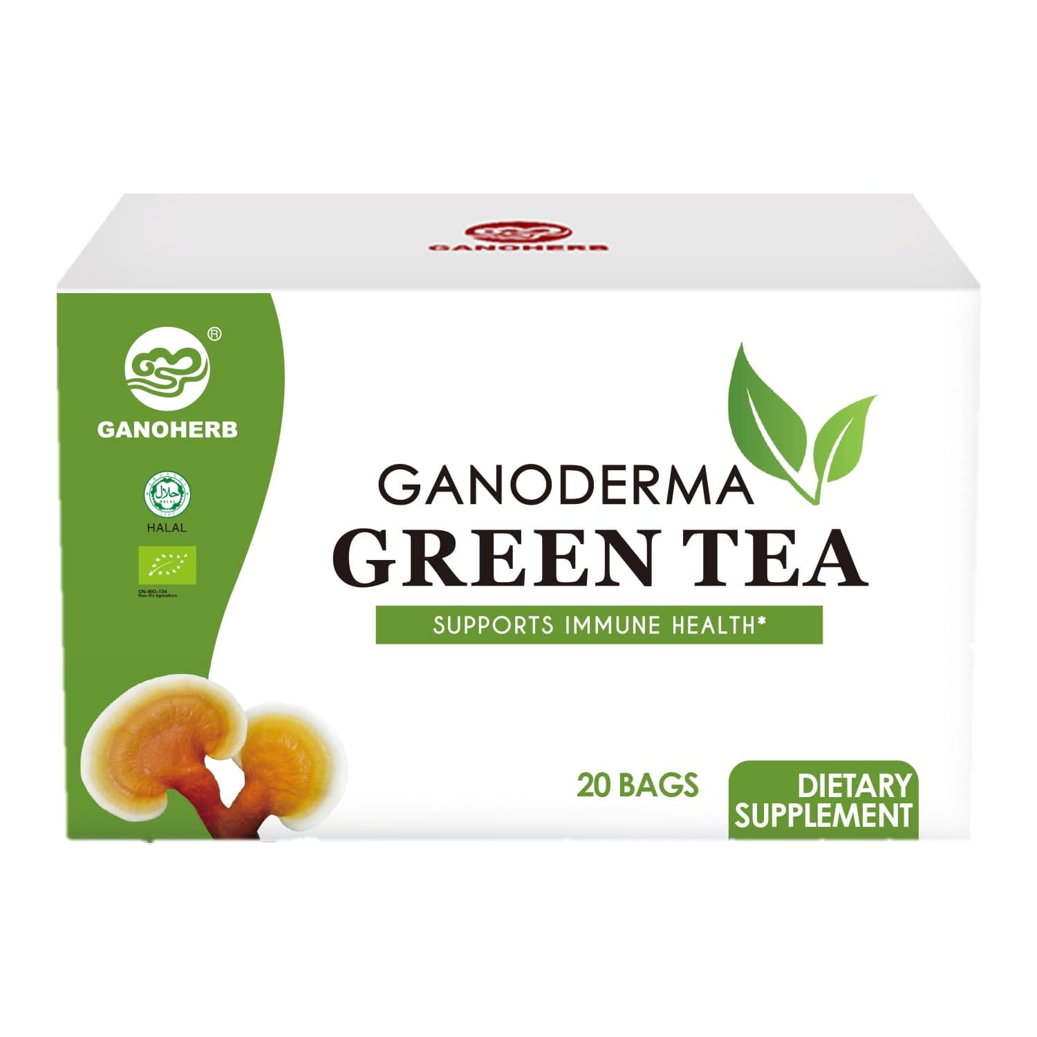 GANOHERB Reishi Mushroom Green Tea Bags - Instant Herbal Tea with Ganoderma Lucidum -Boost Immune System & Stress Relief & Full Energy-Vegan, No Sugar, 0.07 Ounce (20 count)