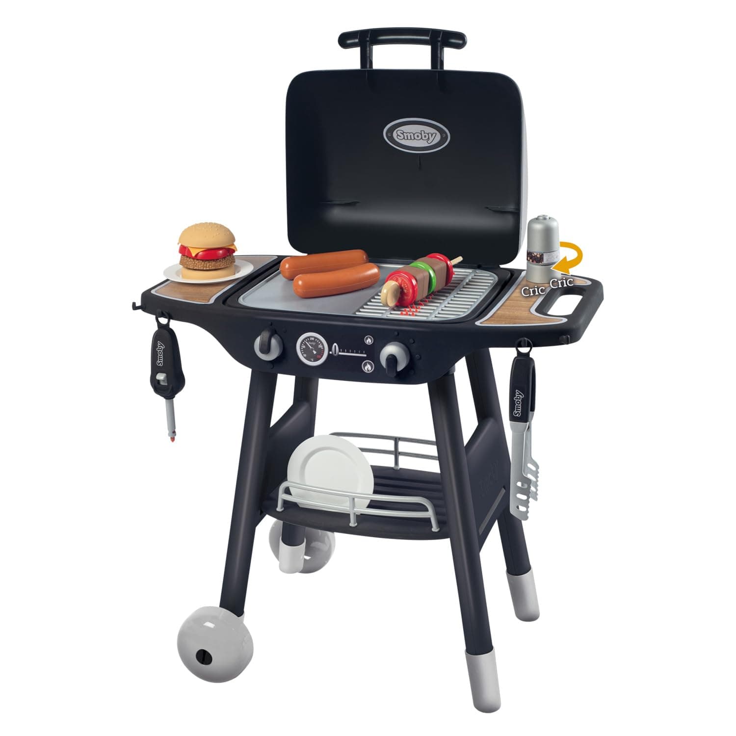 Smoby - BBQ Grill - Barbecue on Feet - 18 Accessories - Hamburger to Assemble, Skewer to Compose, Gas Lighter, Barbecue Utensils - Plancha Side and Grill Side - From 3 years old - Made in France