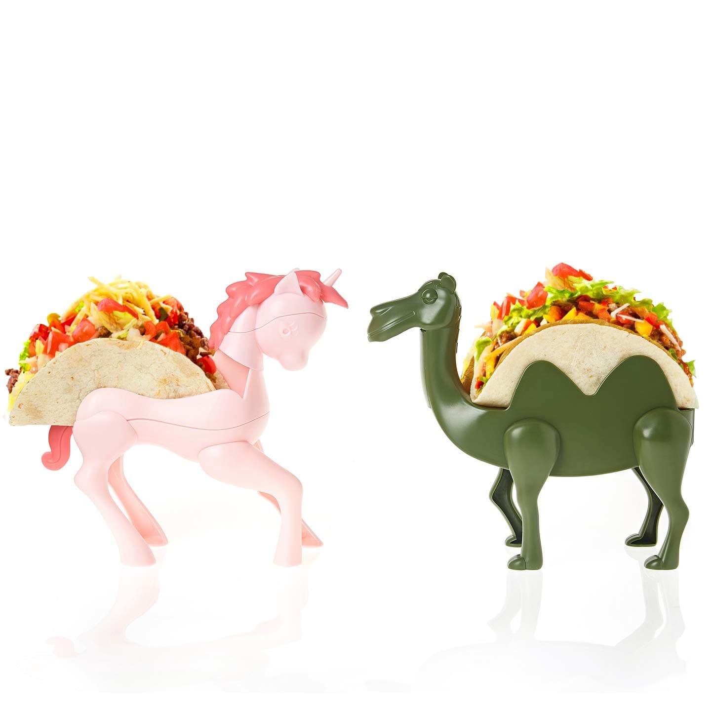 EASACE Animal Taco Holder for kids, Set of 2 Taco Stands, Holds Up to 2 Tacos Each Rack, Funny kid‘s Taco Plates, Dishwasher Safe, Perfect Gift for boys and girls (Unicorn & Camel)