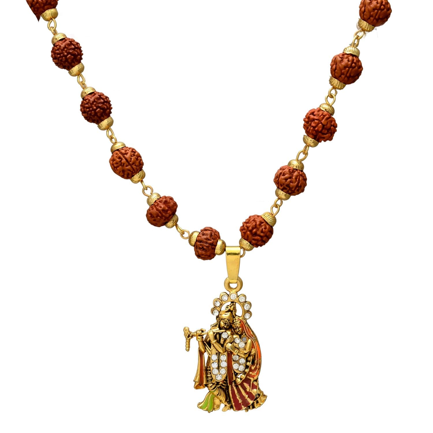 and Jewellery 36 Beads 9mm Gold Pleated Cap Rudraksha Mala Chain with Radha Krishna Locket for Men and Women