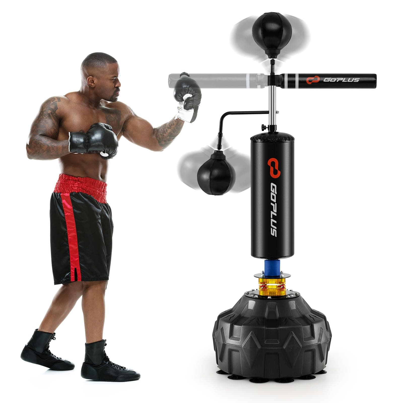 Goplus Boxing Speed Trainer, Freestanding Punching Bag 360° Spinning Bar with 2 Reflex Speed Balls, Shock Absorbers, Fillable Base, Height Adjustable Boxing Training Equipment for Teens Adults