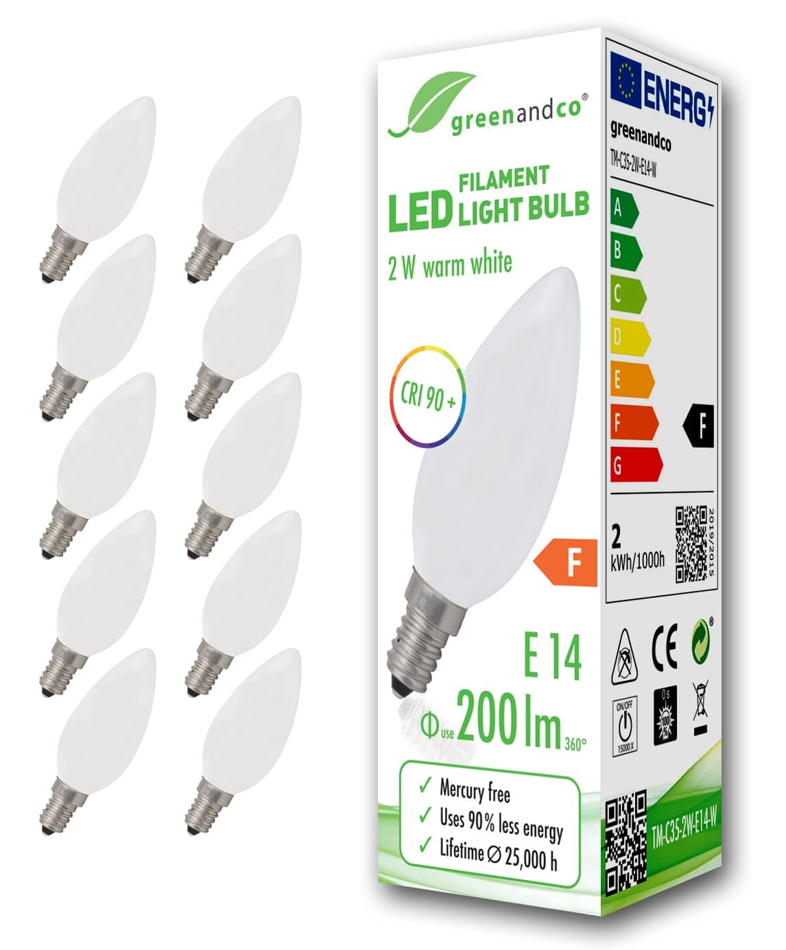 greenandco® CRI 90+ E14 LED Filament Candle Frosted 2W Replaces 20W 200lm 2700K Warm White 360° 230V, no Flicker, not dimmable, 10-Pack [Energy Class F]