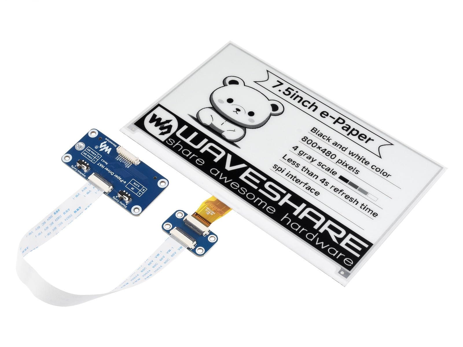 waveshare 7.5inch E-Ink Display HAT for Raspberry Pi 640x384 Black White Two-Color Display Screen SPI No Backlight Ultra Low Consumption