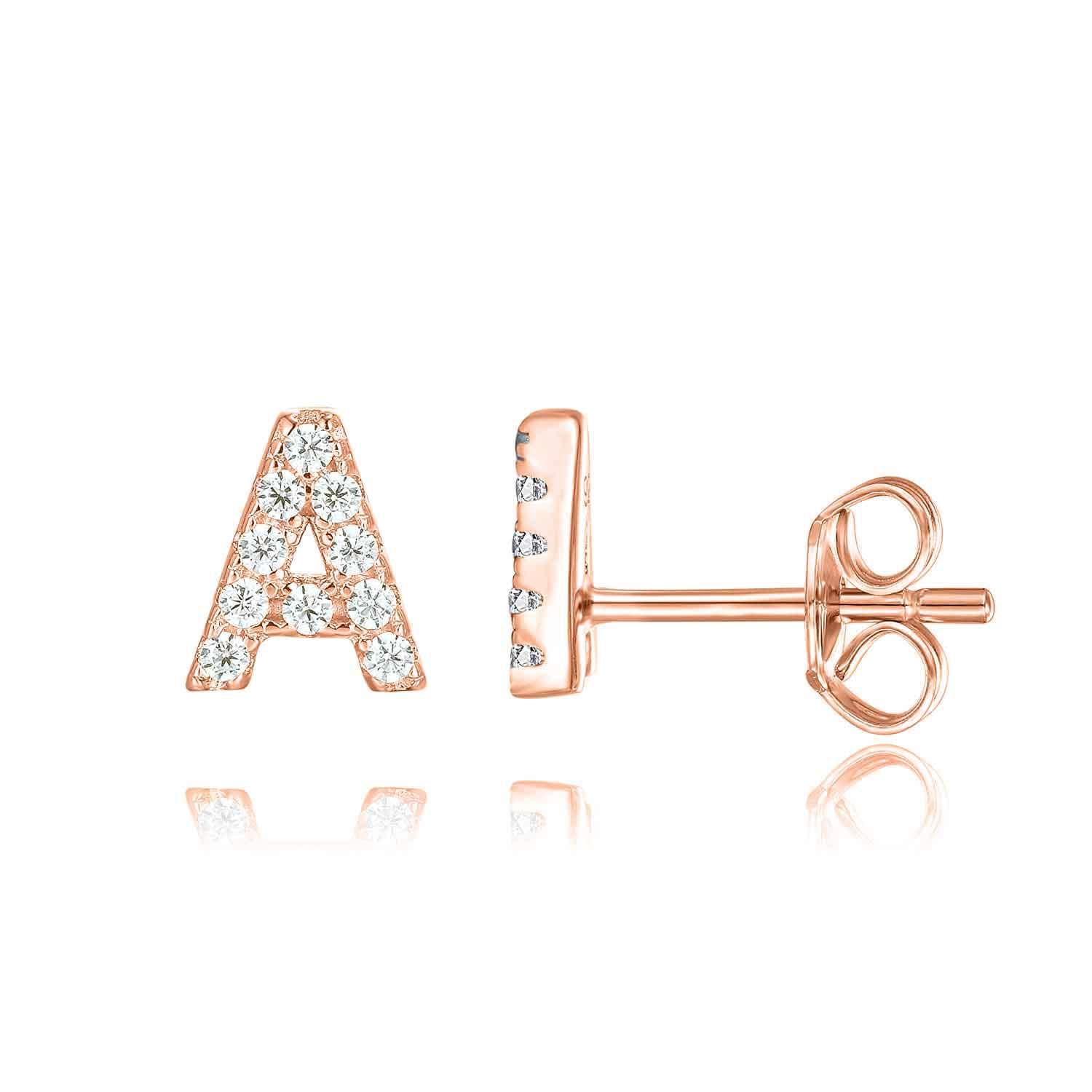 14K Gold Plated 925 Sterling Silver Cubic Zirconia Initial Letter Stud Earrings for Women | Simulated Diamond Alphabet Letter Earrings