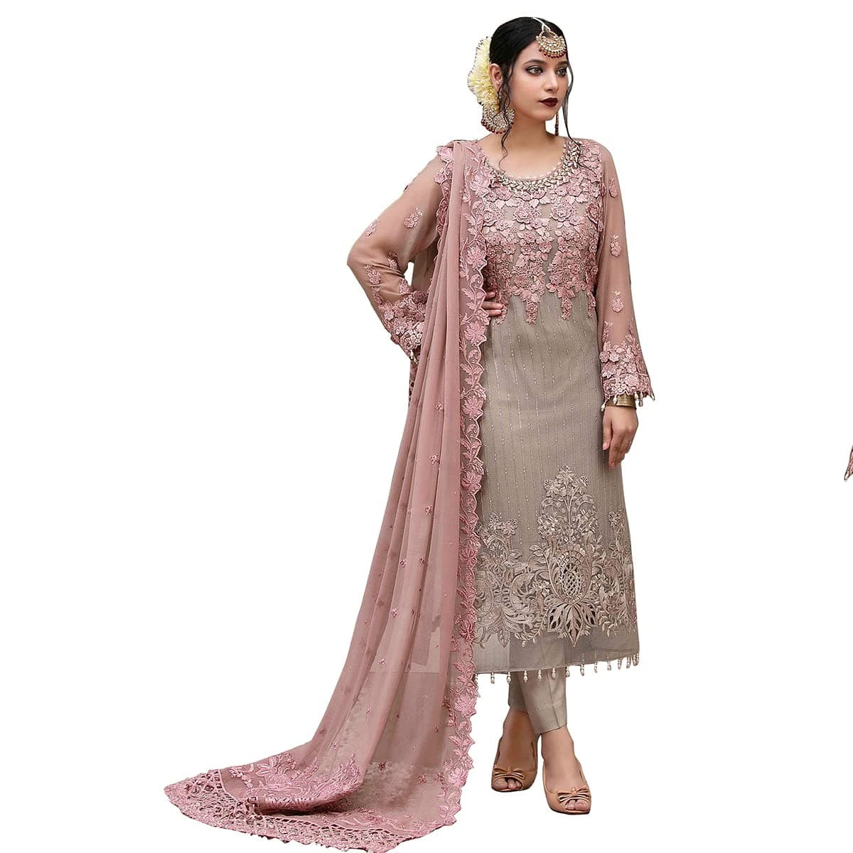 DERWAFABWOMEN'S Georgette Semi Stitched Salwar Suit (SF201-46no Pink1 Free Size)