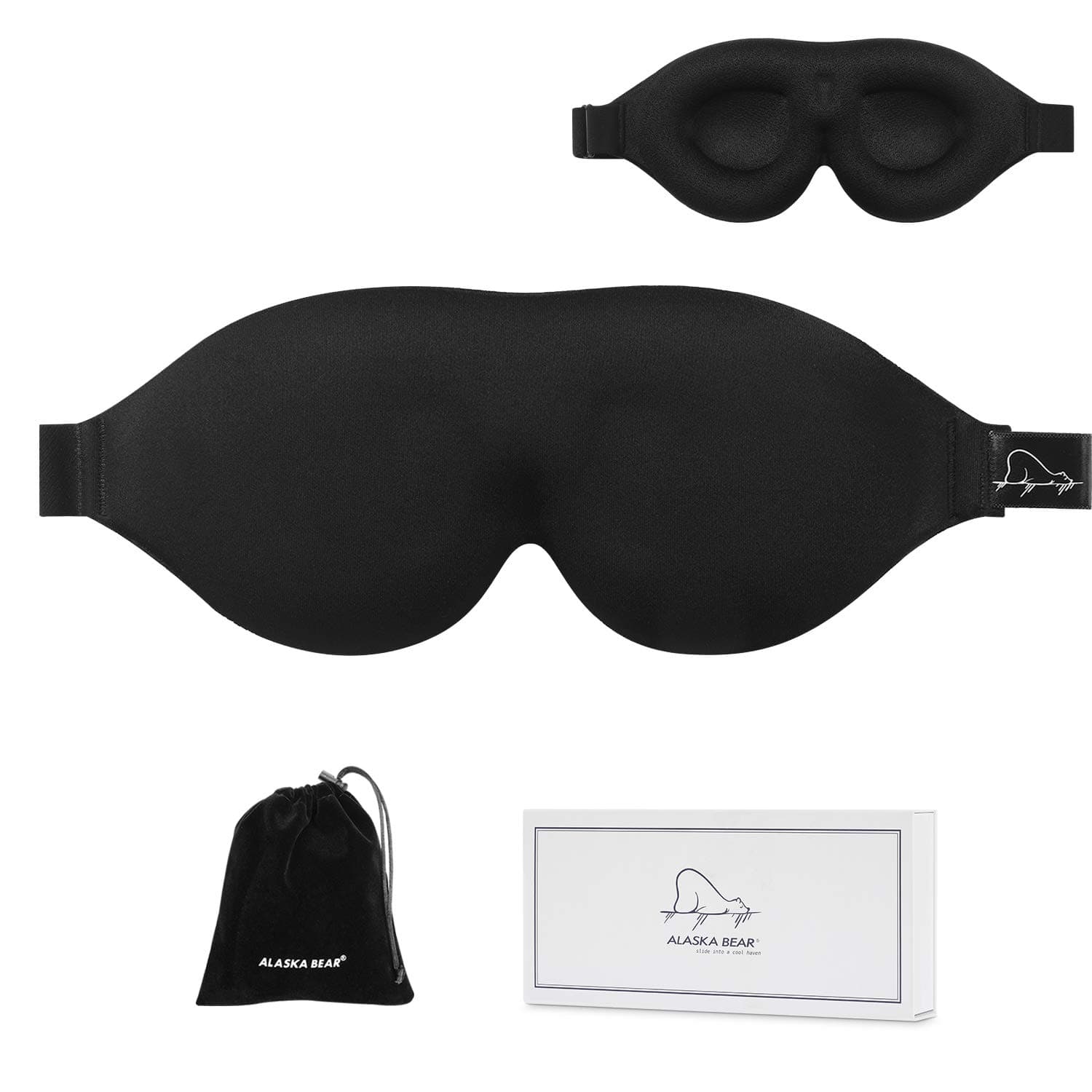 ALASKA BEAR Luxury Sleep Eye Mask for Women & Men. Adjustable, Contoured & Comfortable for Full Blackout, Includes Silky Pouch (Black)