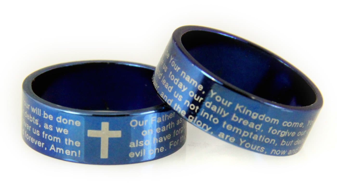 S19 Blue Stainless Steel Our Father Prayer Lord's Prayer Ring Cross Christian Bible