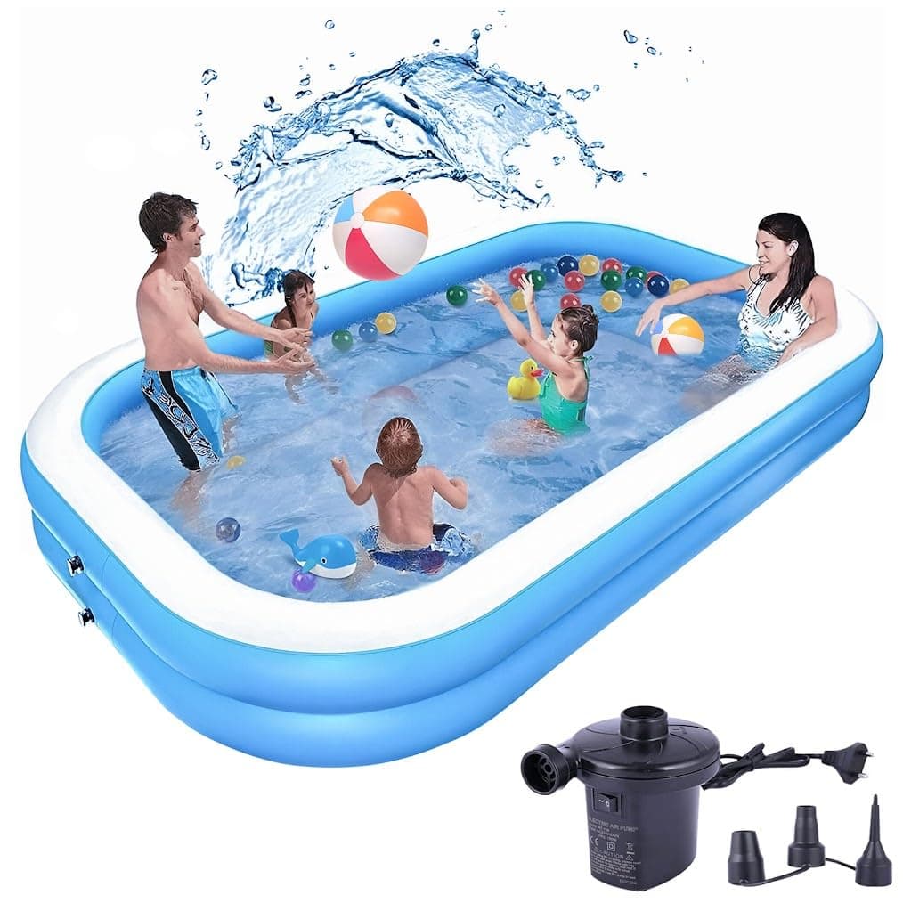 - 7 Feet Rectangular Inflatable Pool with Electric Pump Full-Sized Swimming with Family Bathtub for Kids Adults Indoor Outdoor Backyard Garden Summer Party (Blue)