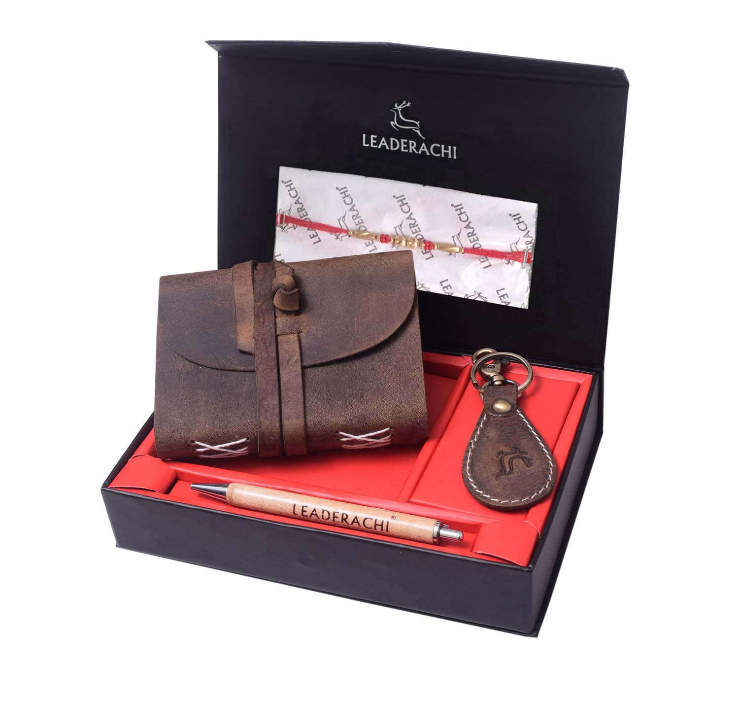 LEADERACHI Vintage Hunter Leather Journal Writing Notebook Handmade Unlined Paper 5 x 4 Inches with Key Ring and Wooden Pen with Rakhi Gifting Combo (Muskat)