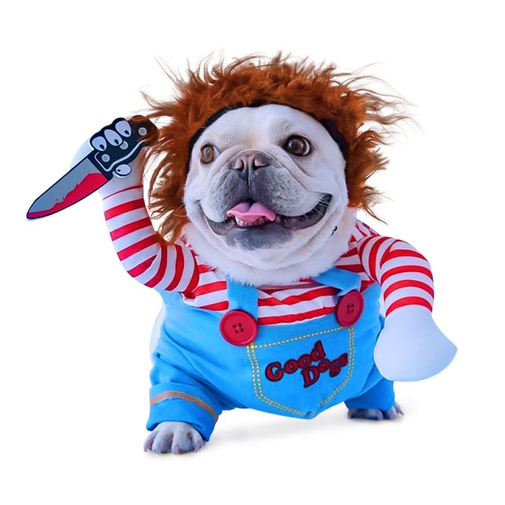 Pet Deadly Doll Dog Costume, Chucky Dog Cosplay Funny Costume Halloween Christmas Dog Clothes Party Costume for Small Medium Large Dogs (Small), Blue