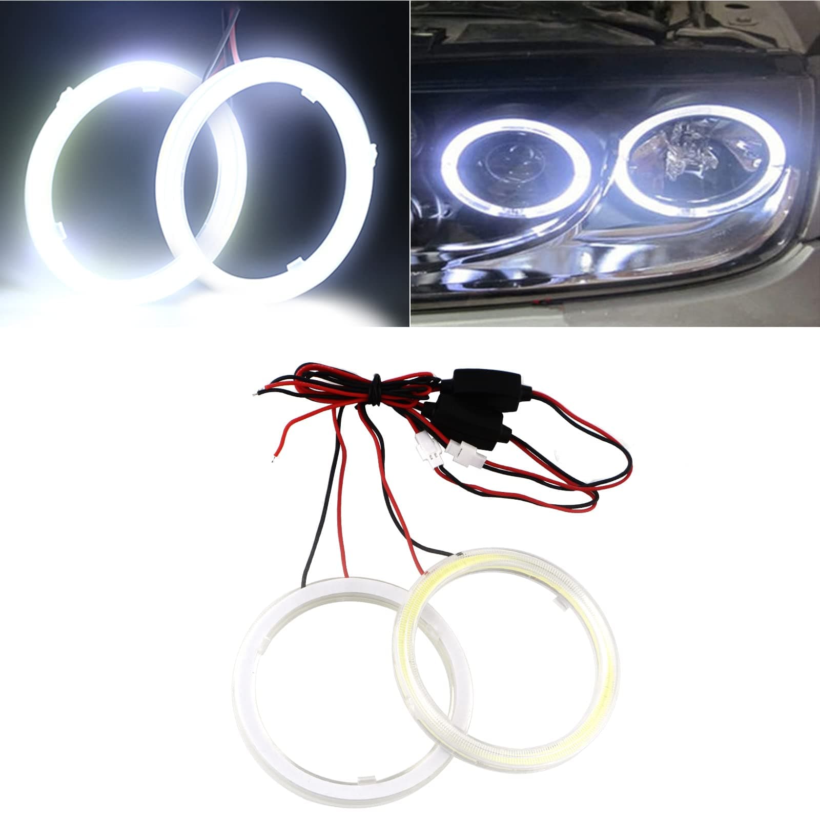 Qasim 1-Pair White 70MM 60SMD COB LED Halo Ring Angel Eyes Led Car Headlight with lampshade Cover 12V 24V DC