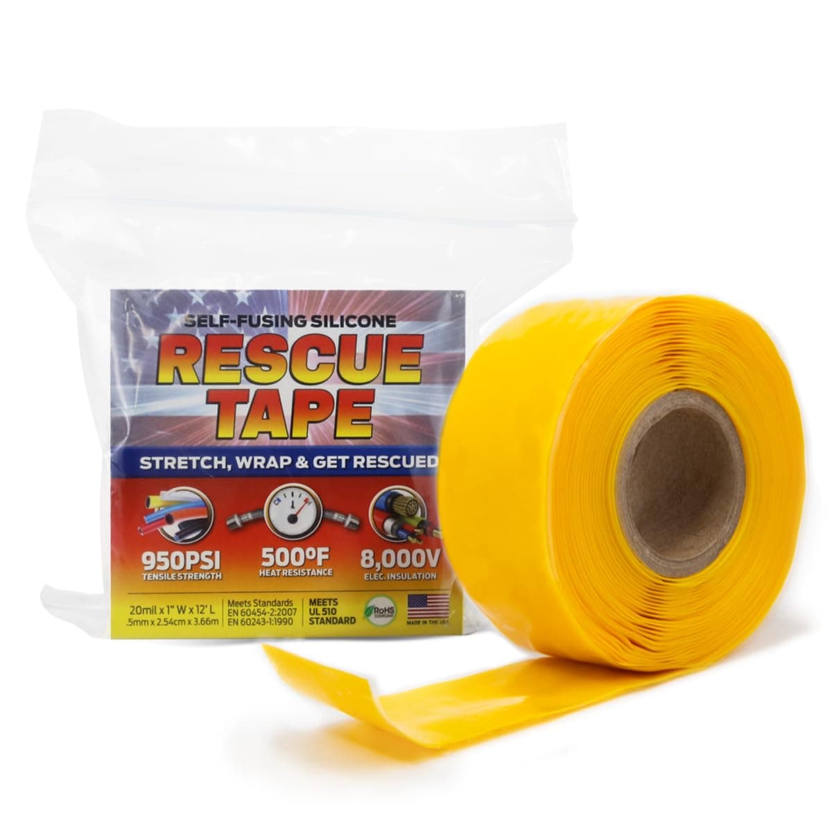 Rescue Tape, Self-Fusing Silicone Tape, Emergency Plumbing Pipe & Radiator Hose Repair, Electrical Insulation, Military Std, 1" x 12', Yellow