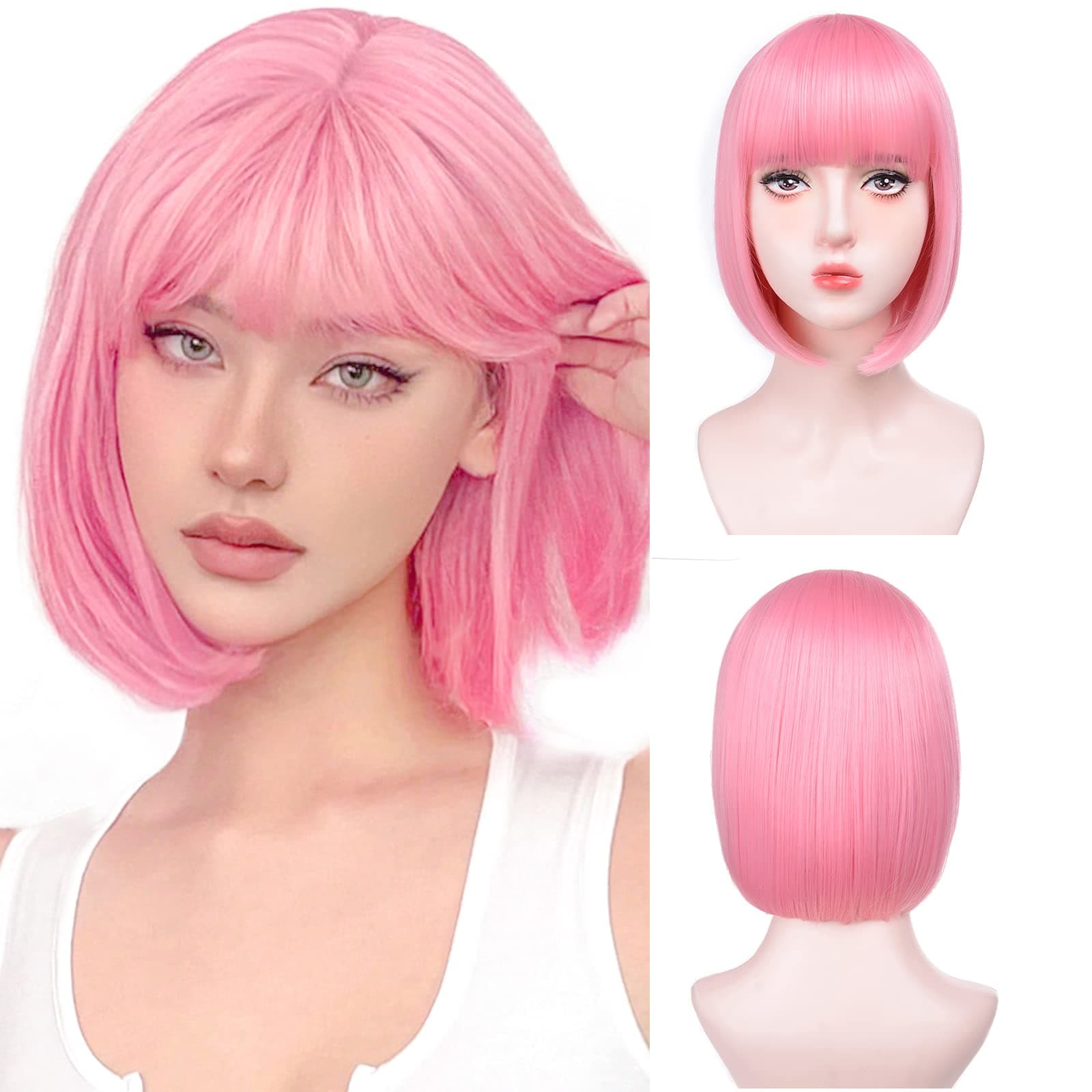 Short Bob Wigs With Bangs - Straight bob wig for women Pink 12inch Synthetic wig Heat Resistant Fiber Hair Natural and stylish look suitable for cosplay parties