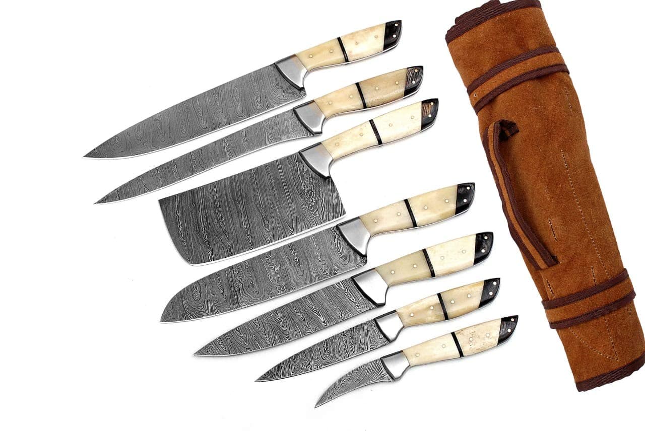 G26- Professional Kitchen Knives Custom Made Damascus Steel 7 pcs of Professional Utility Chef Kitchen Knife Set with Chopper/Cleaver White & Black