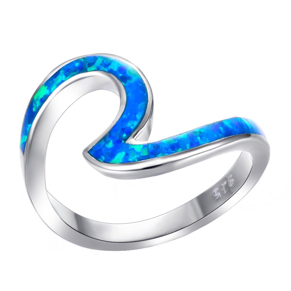 BlaikeAngol 925 Sterling Silver Wave Ring for Women, Blue Opal Wave Ring Size 5/6/7/8/9/10, Cubic Zirconia Rings Wave Ring Blue with Unique Design