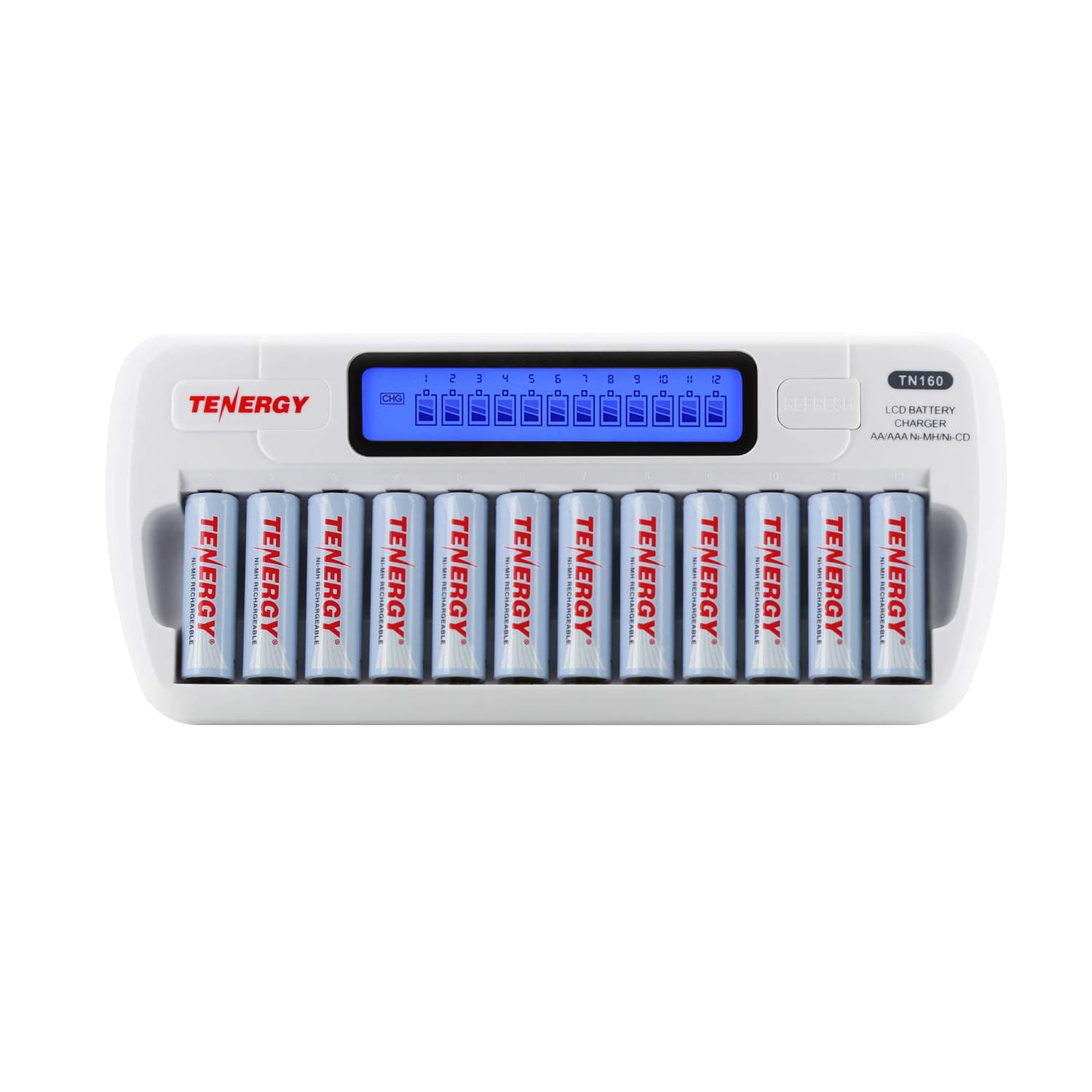 Tenergy TN160 12-Bay LCD NiMH/NiCD AAA/AA Battery Charger + 12x AA NiMH Rechargeable Batteries, Double A Batteries for Everyday Electronics