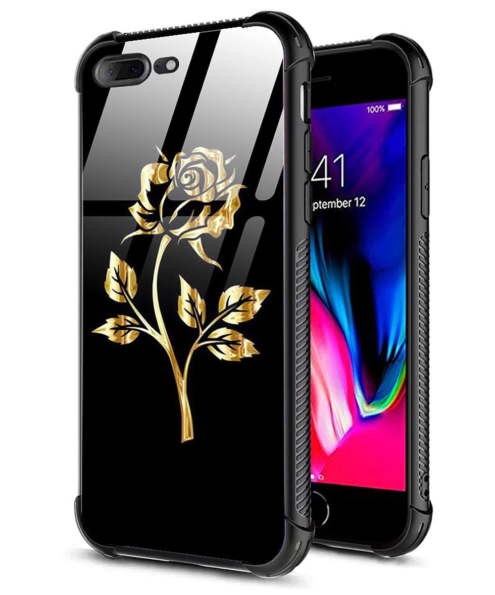 DAHAOGUO iPhone 7 Plus Case,iPhone 8 Plus Case,Gold Rose Pattern Design Girl Tempered Glass Back+Soft Silicone TPU Shock Absorption Bumper Protective Case Compatible for iPhone 7/8 Plus Rose