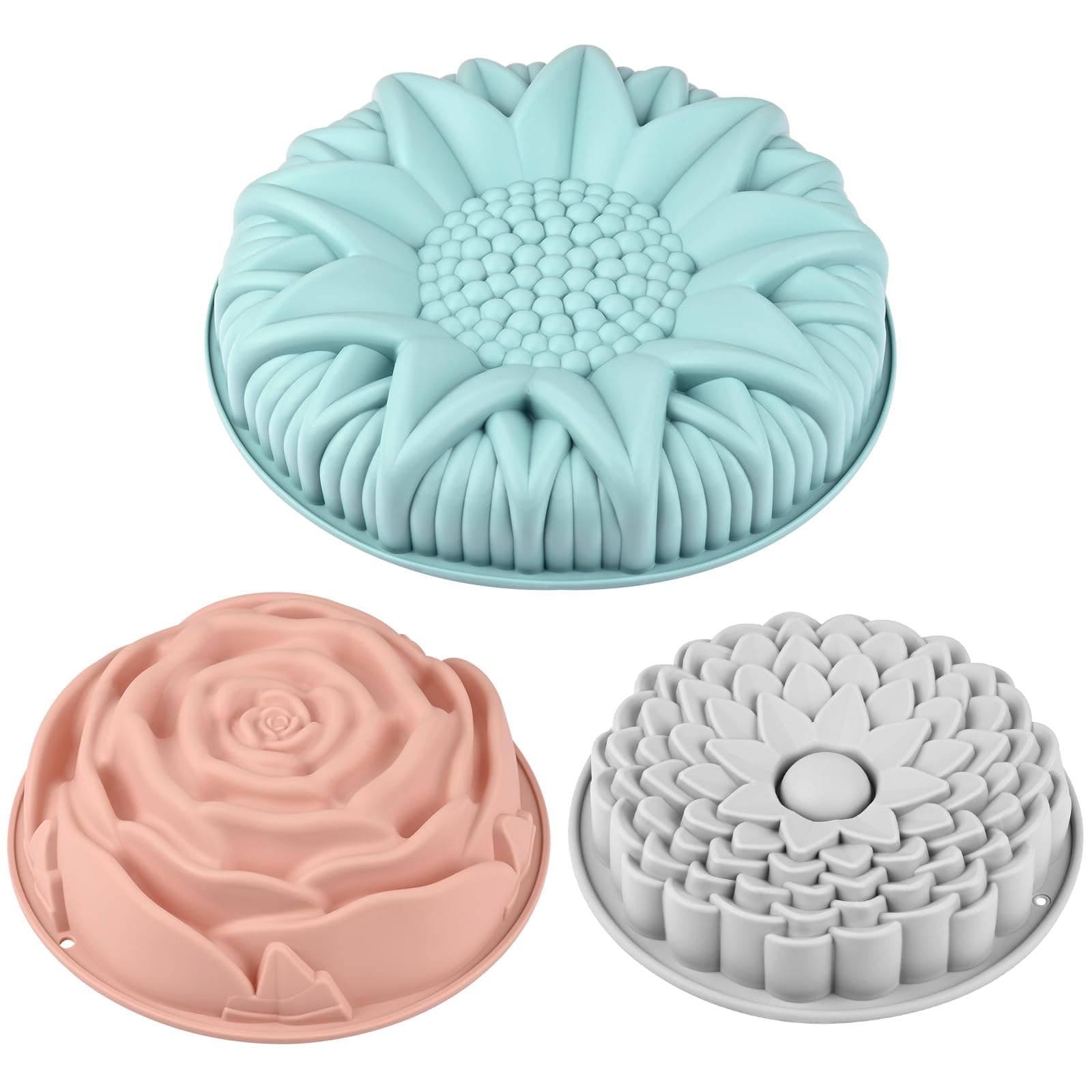 Sakolla 3 Pack Flower Silicone Mold - Large Round Chrysanthemum Rose Sunflower Shapes Non-Stick Bread Pan molds for Making Birthday Cakes, Breads, Pies, and Tarts