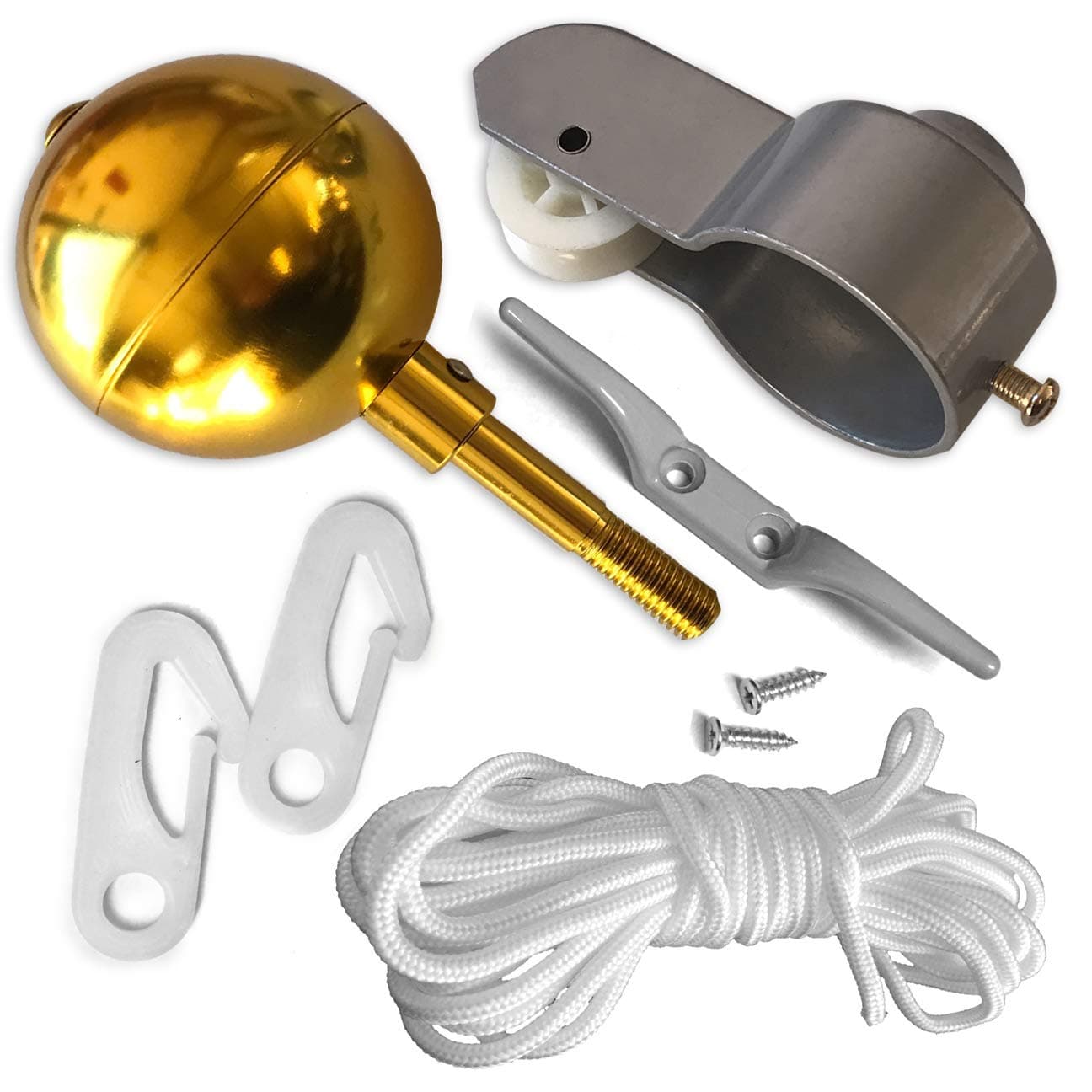 4 Less Co FLAG POLE PARTS REPAIR KIT - 2" Diameter Truck Pulley Gold Ball Cleat Clips Rope