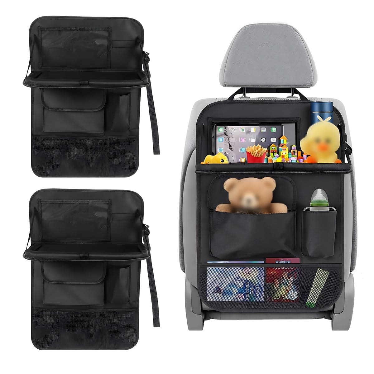 2PCS Car Backseat Organizer, Waterproof Practical Back Seat Protector with Tablet Holder, Hanging 6 Storage Pockets with Foldable Table Trays for Vehicles, Car Accessories