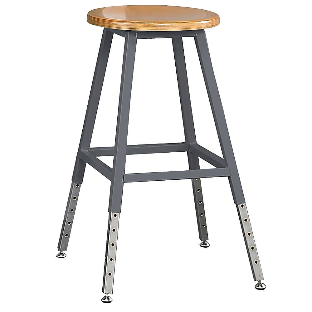 E-16010 Adjustable-Height Shop Stool, Wood Seat, 19-1/2" -33" Seat Height, Gray Frame/Gray Door