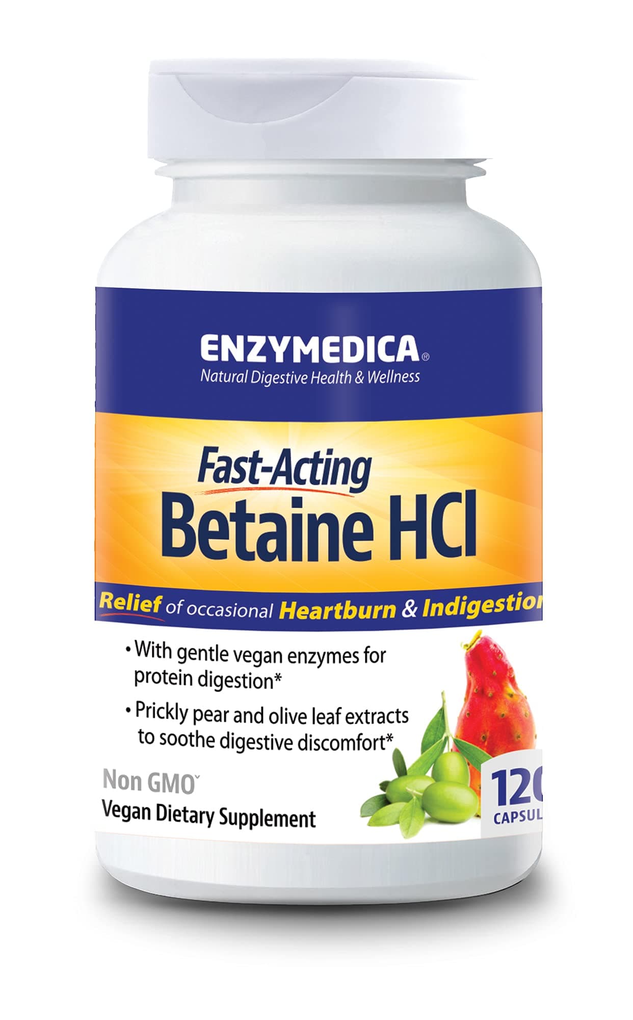 Enzymedica Betaine HCl for Men & Women - Betaine Hydrochloric Acid Supplement, Protease Digestive Enzyme Blend, Digestive Health Support, Occasional Heartburn & Indigestion Support, Vegan - 120 Caps