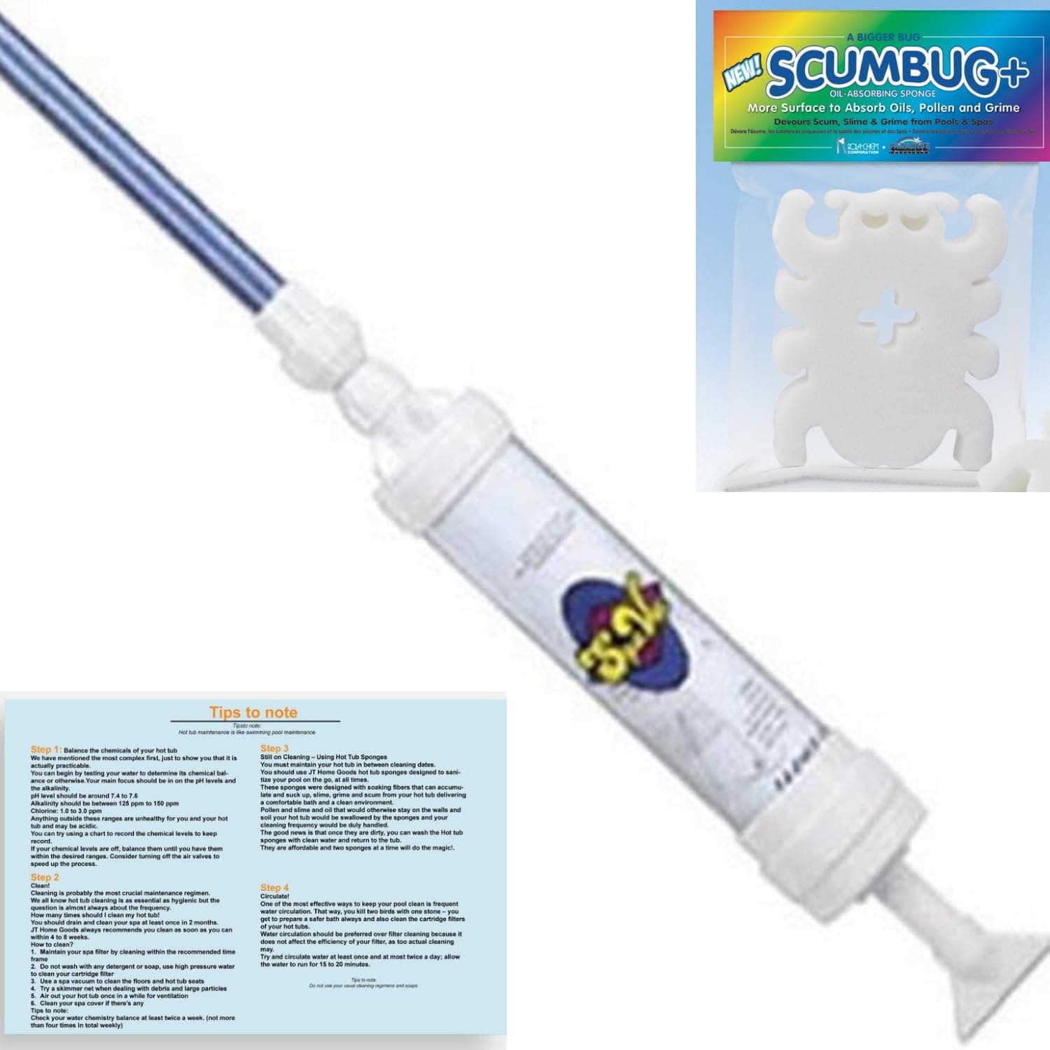 RoLa-Chem Cordless Spa Vacuum for Hot Tub, Spavac Handheld Manual Vac Keeps Water Cleaner, with Scumbug Plus Oil Absorbing Sponge Floating Sponge for Slime and Hot Tub Care Tips Card