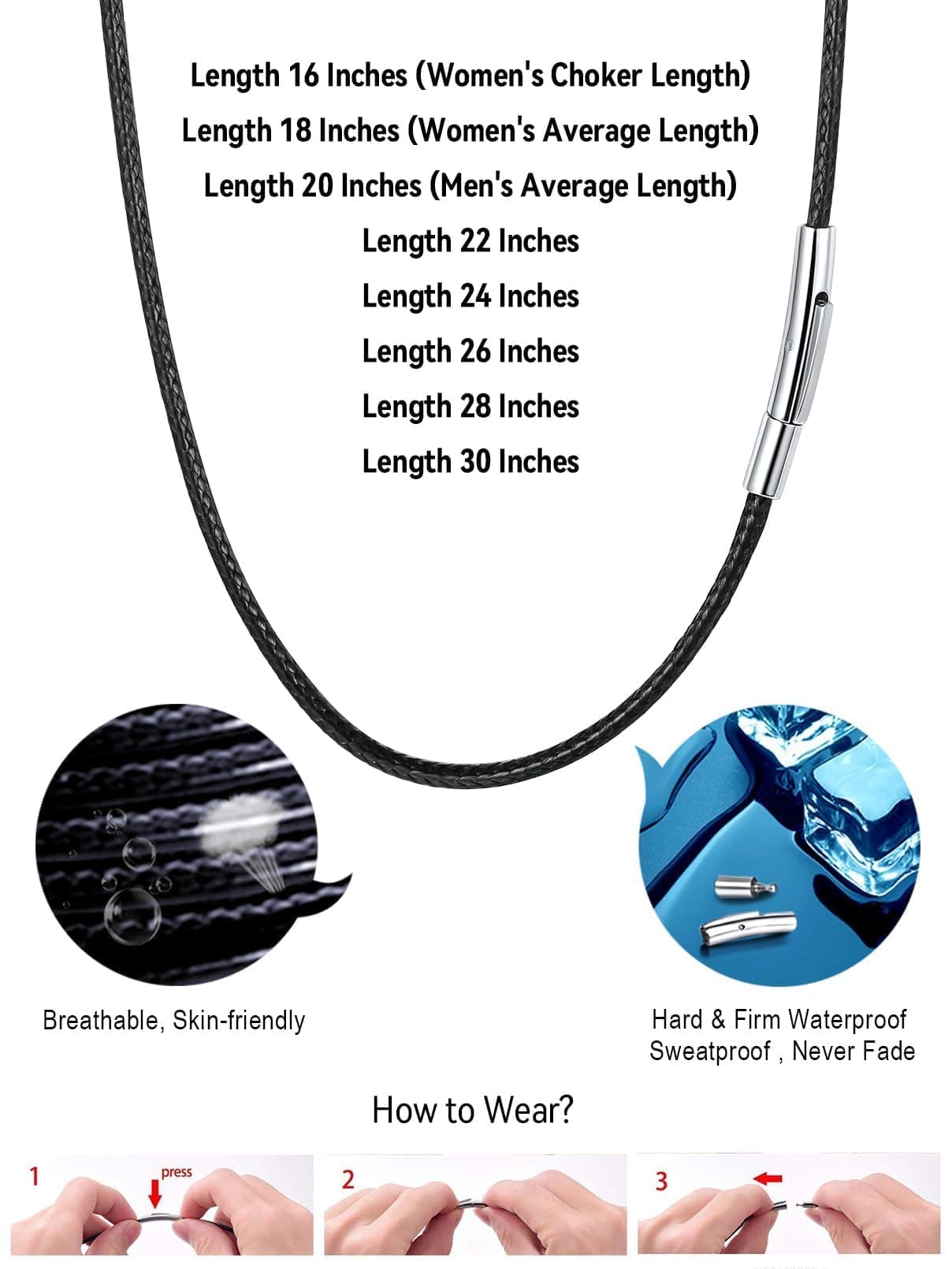 FaithHeart Braided Leather Cord 2MM/3MM Chain Necklace Stainless Steel Durable Snap Clasp, Men Women DIY Waterproof Woven Wax Rope Chain for Pendant (Gift Packaging)