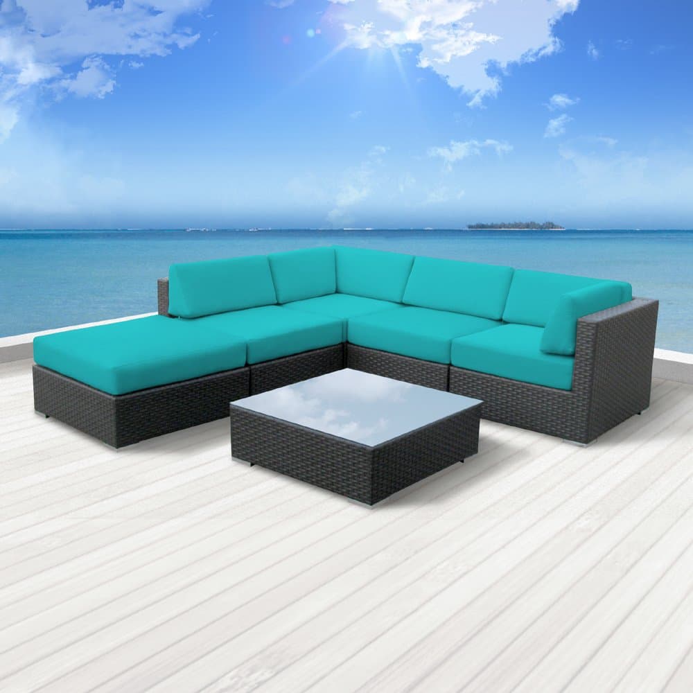 Luxxella Outdoor Patio Beruni Sofa Sectional Furniture 6pc All Weather Wicker Couch Set (Turquoise)