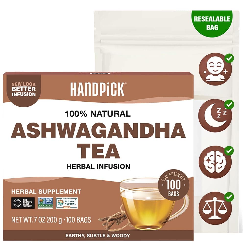 HANDPICK, Ashwagandha Root Tea (100 tea Bags) | Caffeine Free, Gluten Free | Packed in Ecofriendly Tea Bags