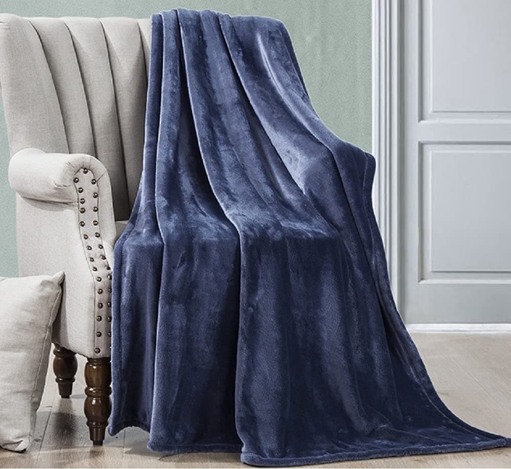 Luxe Manor 50x60 Inch Ultra Soft Flannel Fleece Throw Blanket Lightweight Decortive Fuzzy Plush Microfiber Warm Blanket for Sofas Couches Beds and Office, Navy Blue