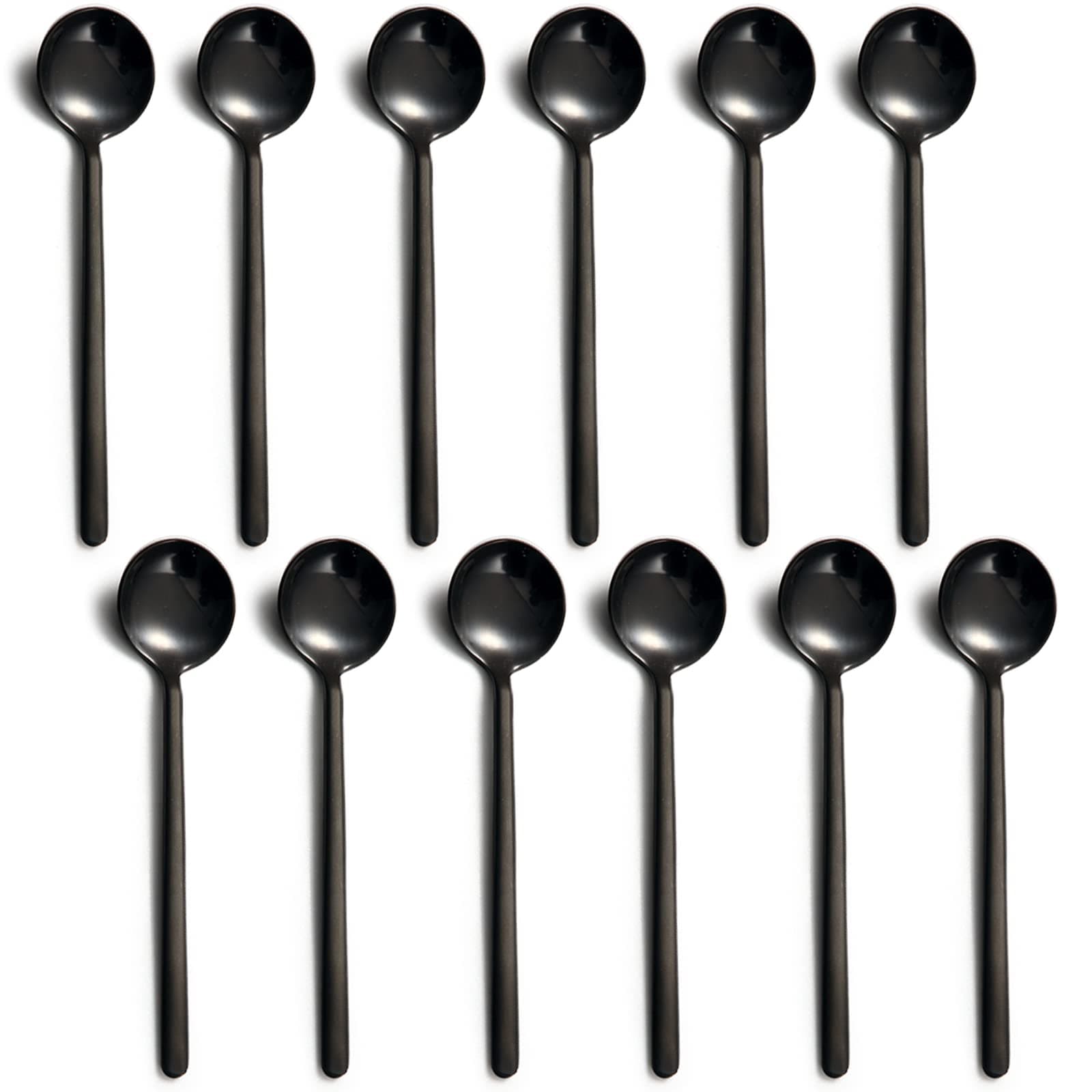 Dicunoy 12 Pieces Espresso Spoons, 5 Inch 304 Stainless Steel Mini Coffee Teaspoons Set, Vogue Small Black Round Spoons for Sugar Dessert Cake Ice Cream Soup Antipasto Cappuccino