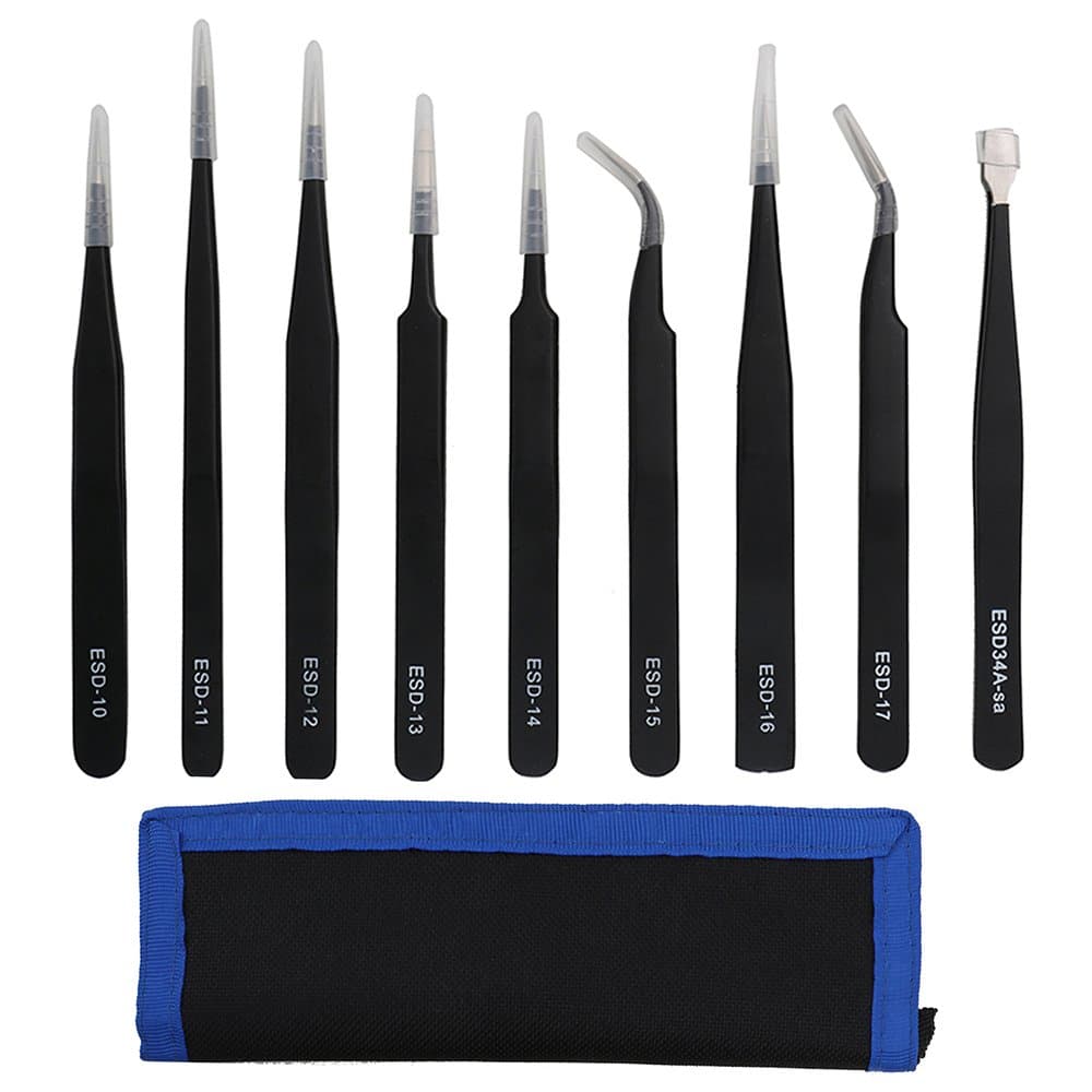 9Pcs Professional ESD Anti-Static Stainless Steel Tweezers Set Tweezer Maintenance Tools for Electronics, Jewelry-Making, Laboratory Work Hobbies, in Rolling Package