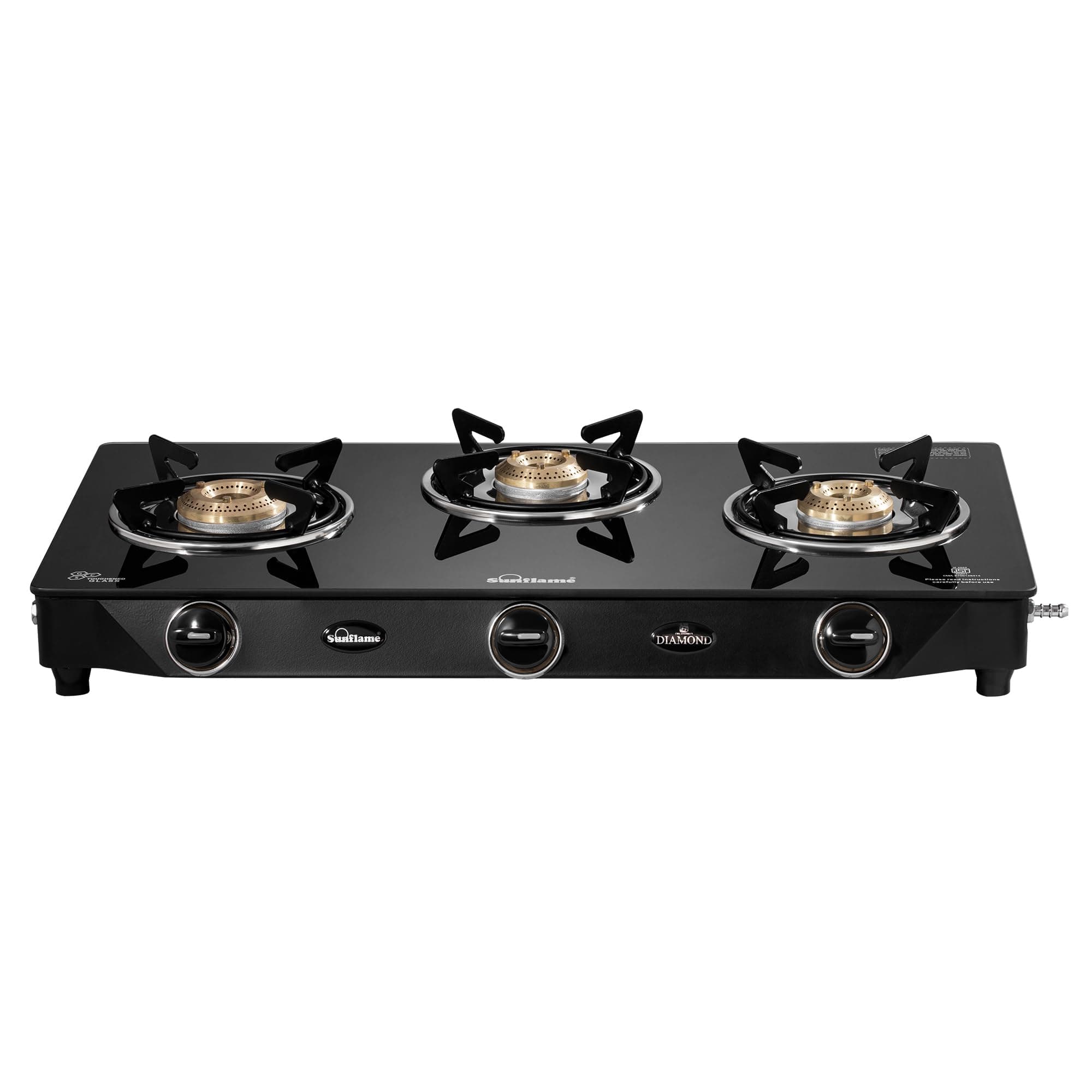 Sunflame Diamond 3 Burner Gas Stove | 1 Medium and 2 Small Brass Burners | 2-Years Product Coverage by Sunflame | Heat Resistant Ergonomic Knobs | Easy to Maintain | Toughened Glass Top