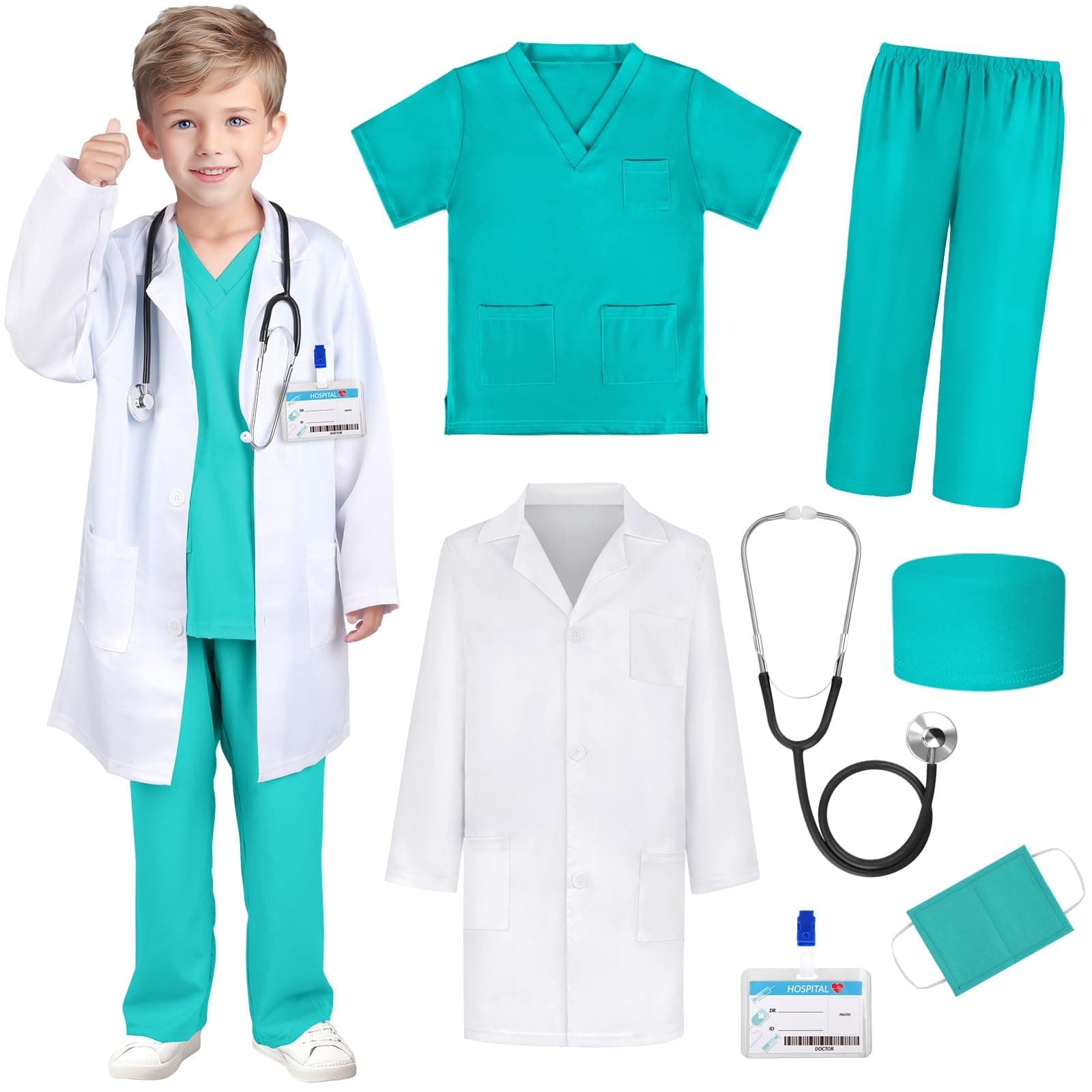 Koeay Doctor Costume for Kids Doctor Lab Coat for Kids Real Stethoscope, Halloween Doctor Lab Costumes for Kids age 3-12