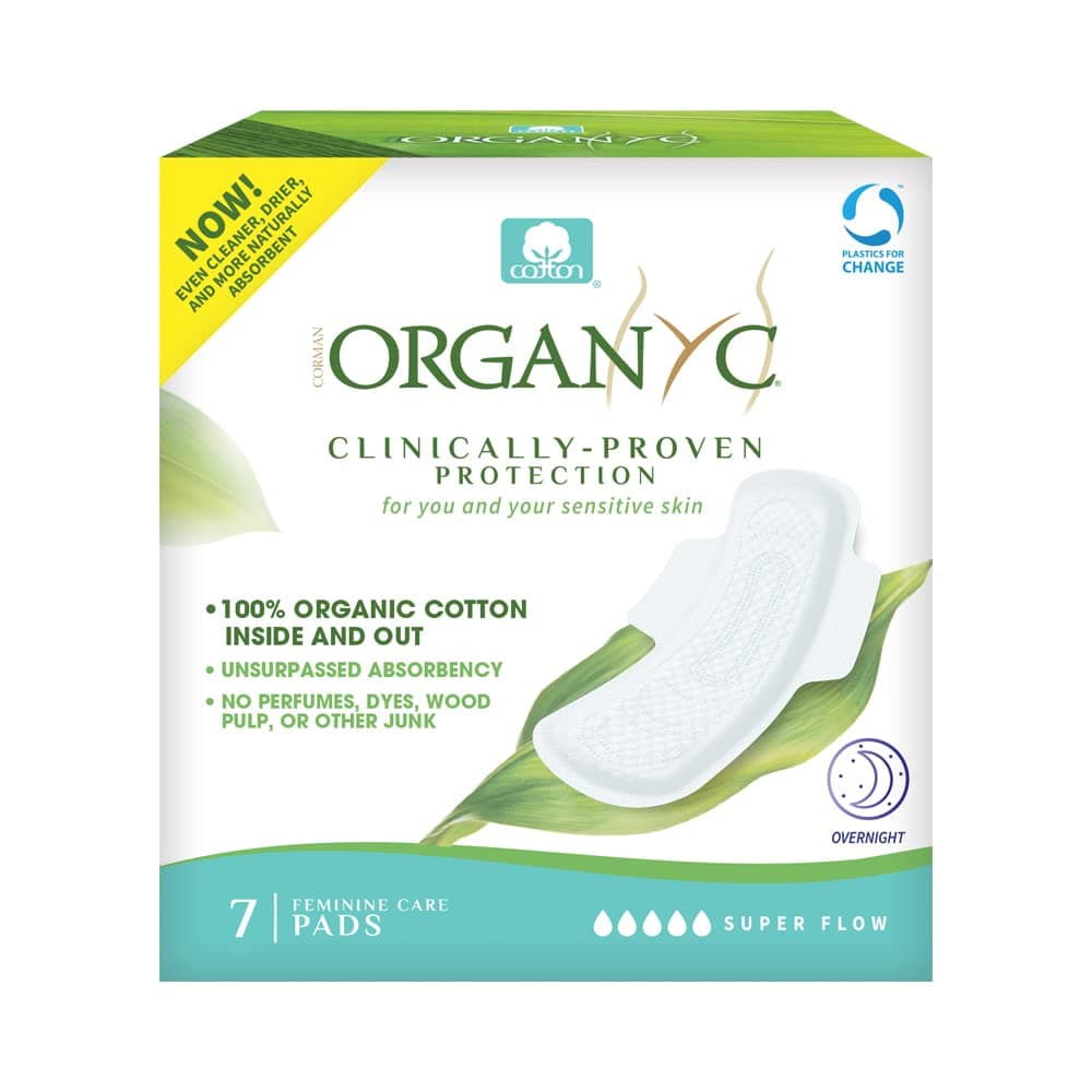 Organyc Certified 100% Organic Cotton Overnight Feminine Pad, Heavy Flow, Ultra Absorbent, 2.0, 7 Count