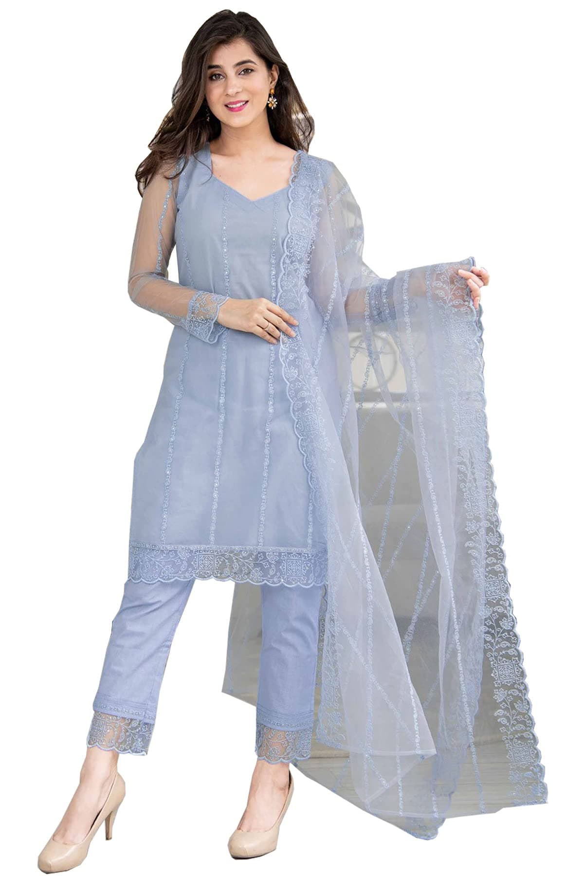 Bollyclues Women's Net Embroidered Readymade Salwar Suit Set
