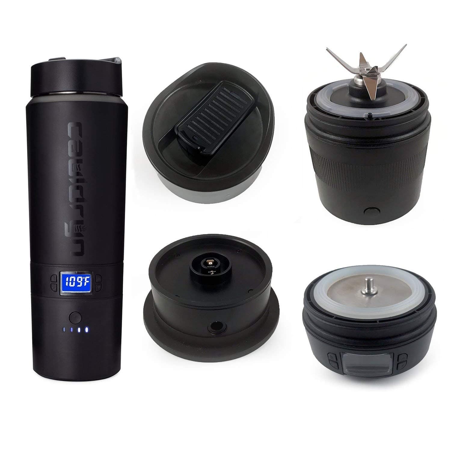 Cauldryn Coffee Heated Travel Mug with Blender & Percolator - Grinds & Brews Coffee - Temperature Controlled w/DC Power Battery - App Controlled - Maintains Temp & Brews Tea - Boils Water & Chops Ice