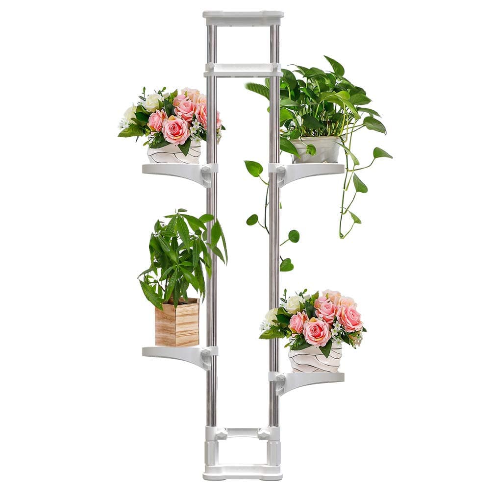 BAOYOUNI Indoor Window Plant Stand Metal Double Pole Storage Shelf Flower Pot Display Rack Holder Planter Extention Rods Home Decor with 4 Adjustable Trays - Ivory
