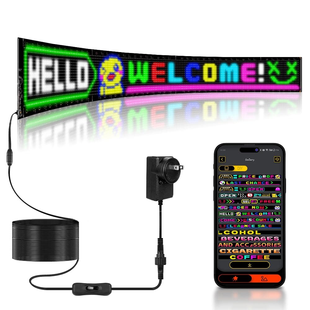 Large Programmable LED Sign, 52"x7.5" Flexible 12V Scrolling Display, Customizable Text, Patterns & Animations, Multi-task Loop Playback for Store, School, Hotel, and Event Sign