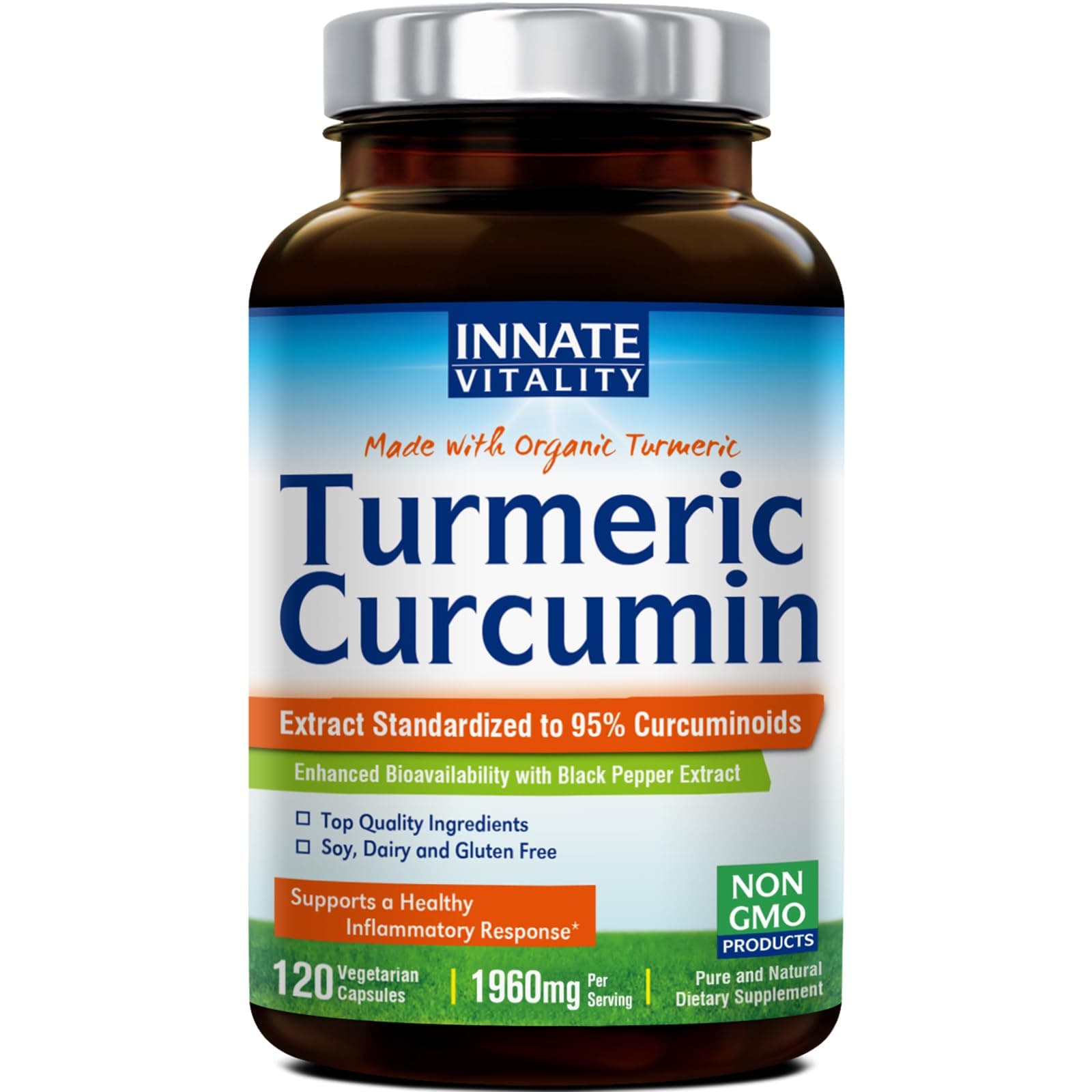 Turmeric Curcumin with Black Pepper, 1960mg, Organic Turmeric Root and Extract, 95% Standardized Curcuminoids, Non-GMO, No Gluten No Dairy No Soy, Antioxidant & Joint Support, 120 Turmeric Capsules