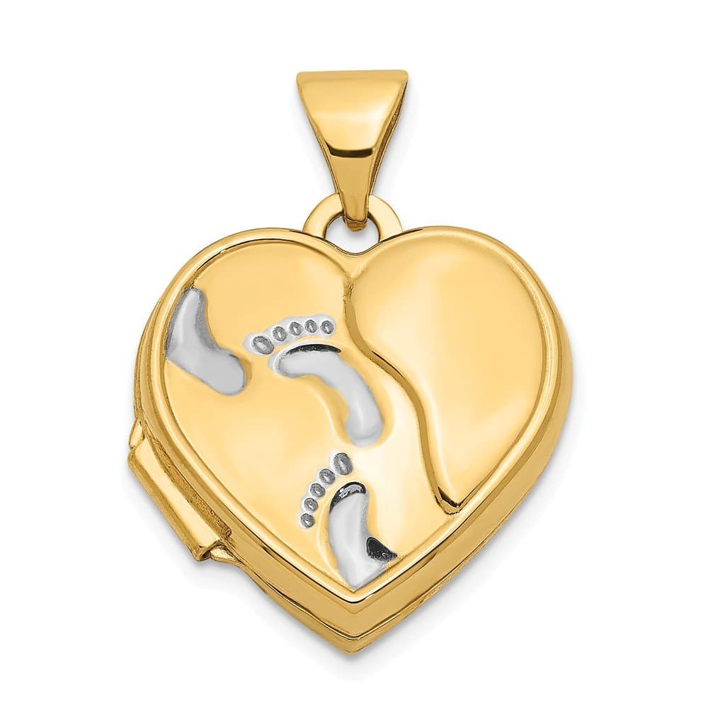 14k Yellow Gold with Rhodium 15mm Heart Foot Prints Locket Pendant Small