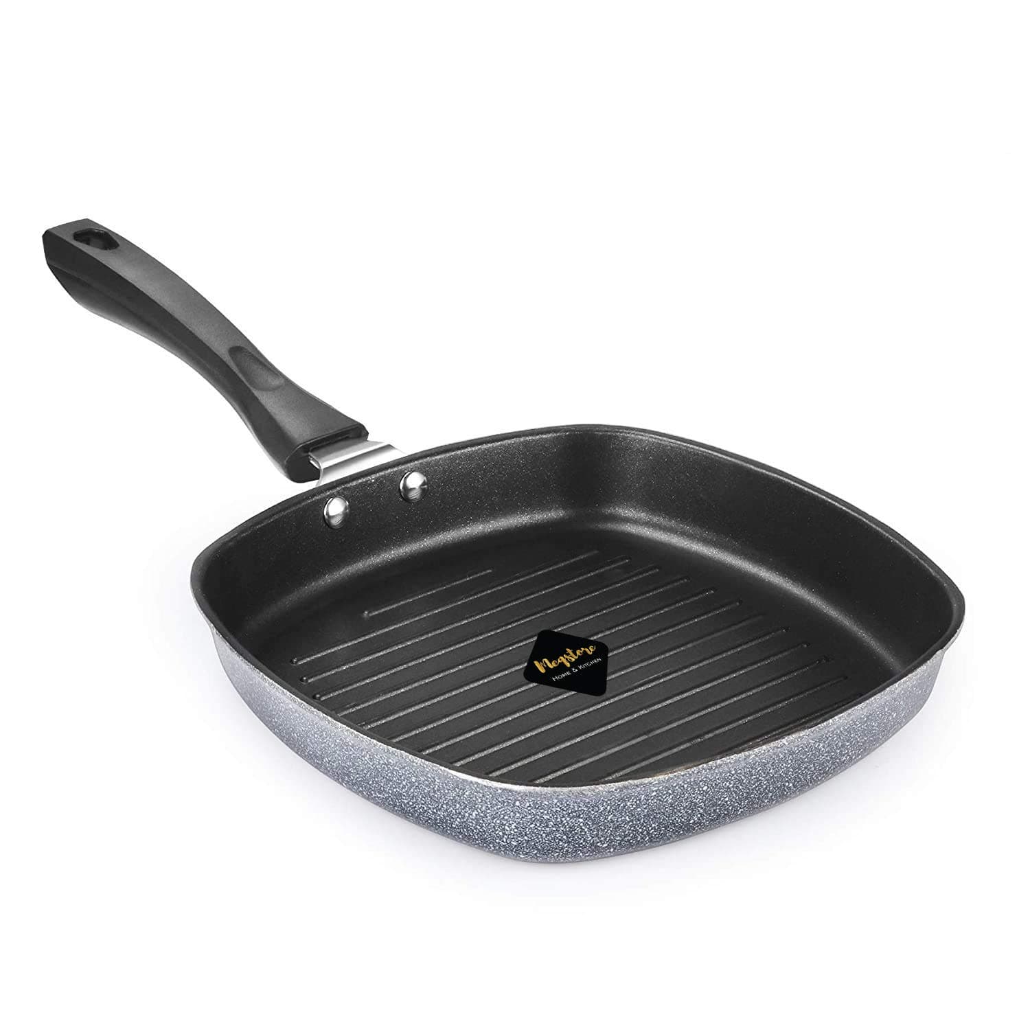 Meqstore Non-Stick Aluminium Gas Compatible Grill Pan, Soft-Touch Handles, Virgin Grade Aluminium, PFOA/Heavy Metals Free, 3.5mm, 22.5cm, 1.8 litres, Grey