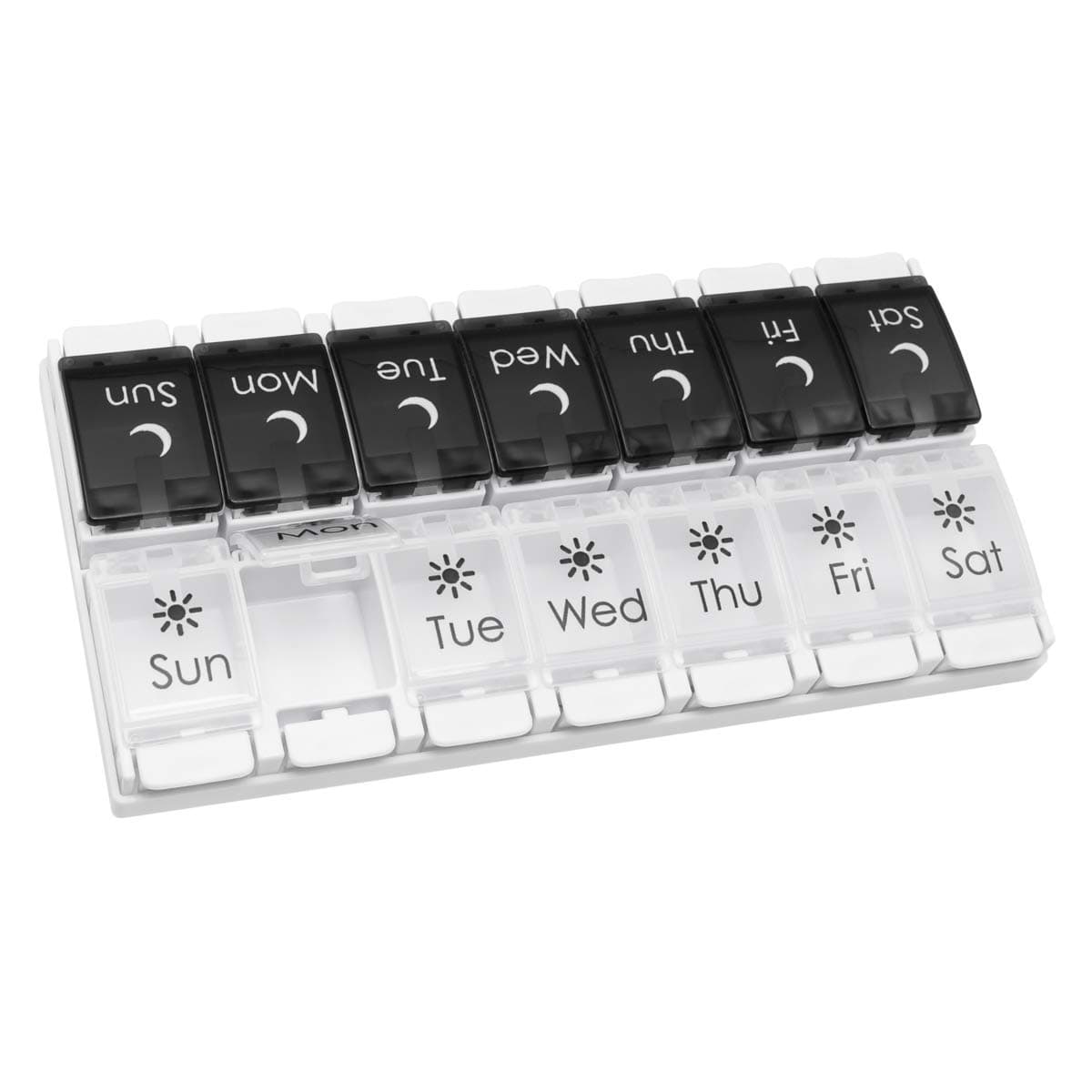 EZY DOSE Push Button (7-Day) Pill Case, Medicine Planner, Vitamin Organizer, 2 Times a Day AM/PM, Removable Trays, Large Compartments, Arthritis Friendly, Spring Open Black and White Lids, BPA Free